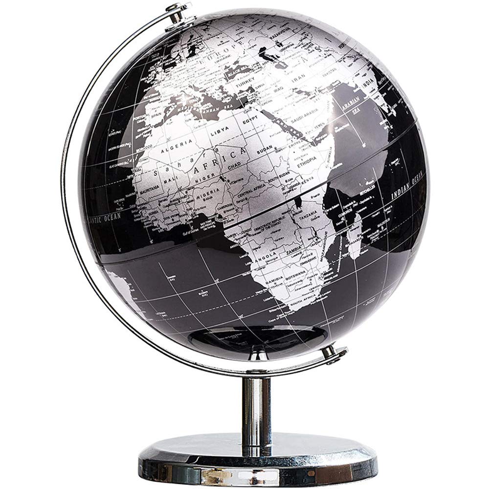 Fitmos Metallic World Globe (Dia 14cm) Black â€“ Educational/Geographic/Modern Desktop Decoration - Earth World - Metallic Black - for School, Home, and Office