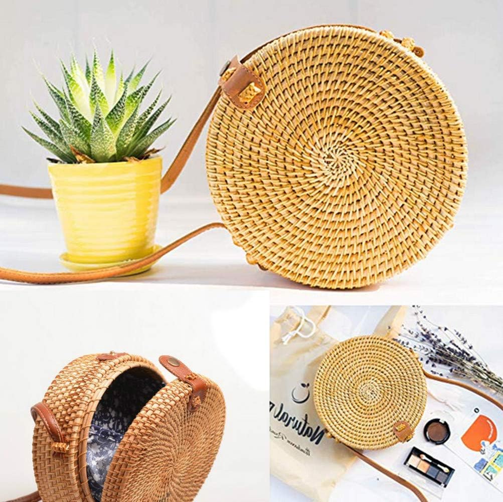 Handwoven Round Rattan Straw Bag for Women Shoulder Leather Button Straps Natural Chic Handmade Boho Bag Bali Purse - Image 4