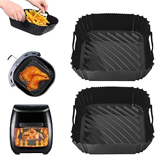 Silicone Air Fryer Liner, Air Fryer Accessories 8 Inch Square Air Fryer Liners, Air Fryer Silicone Liner Reusable Air Fryer Basket/Tray for COSORI 4.7L-5.5L,Tower,Tefal Air Fryer or Oven(2PCS /Black)