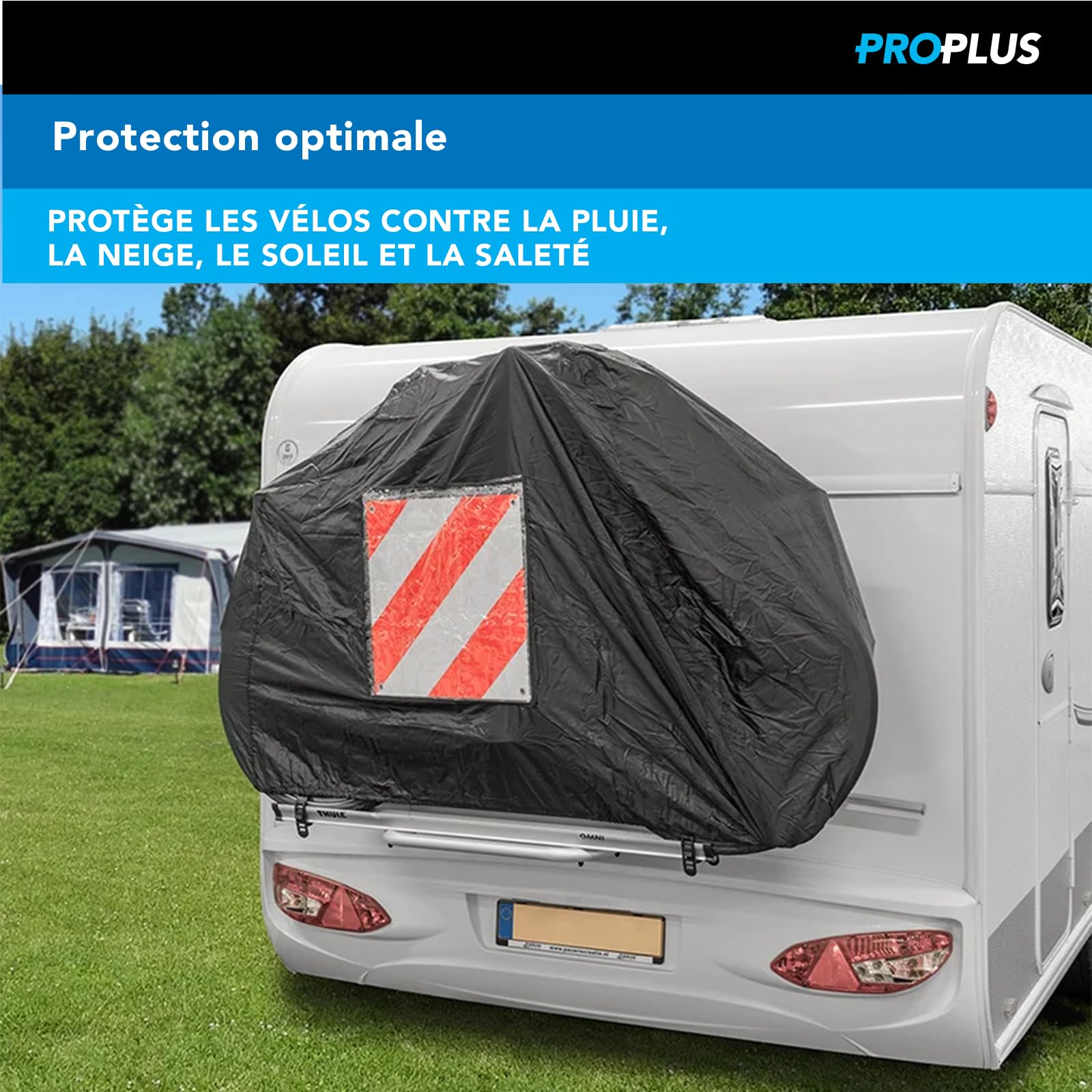 ProPlus Housse Vélo 15 x 50 x 122 cm – Pour 2 vélos sur porte-vélos de caravane ou camping-car – Poche pour panneau 50 x 50 cm – Noir
