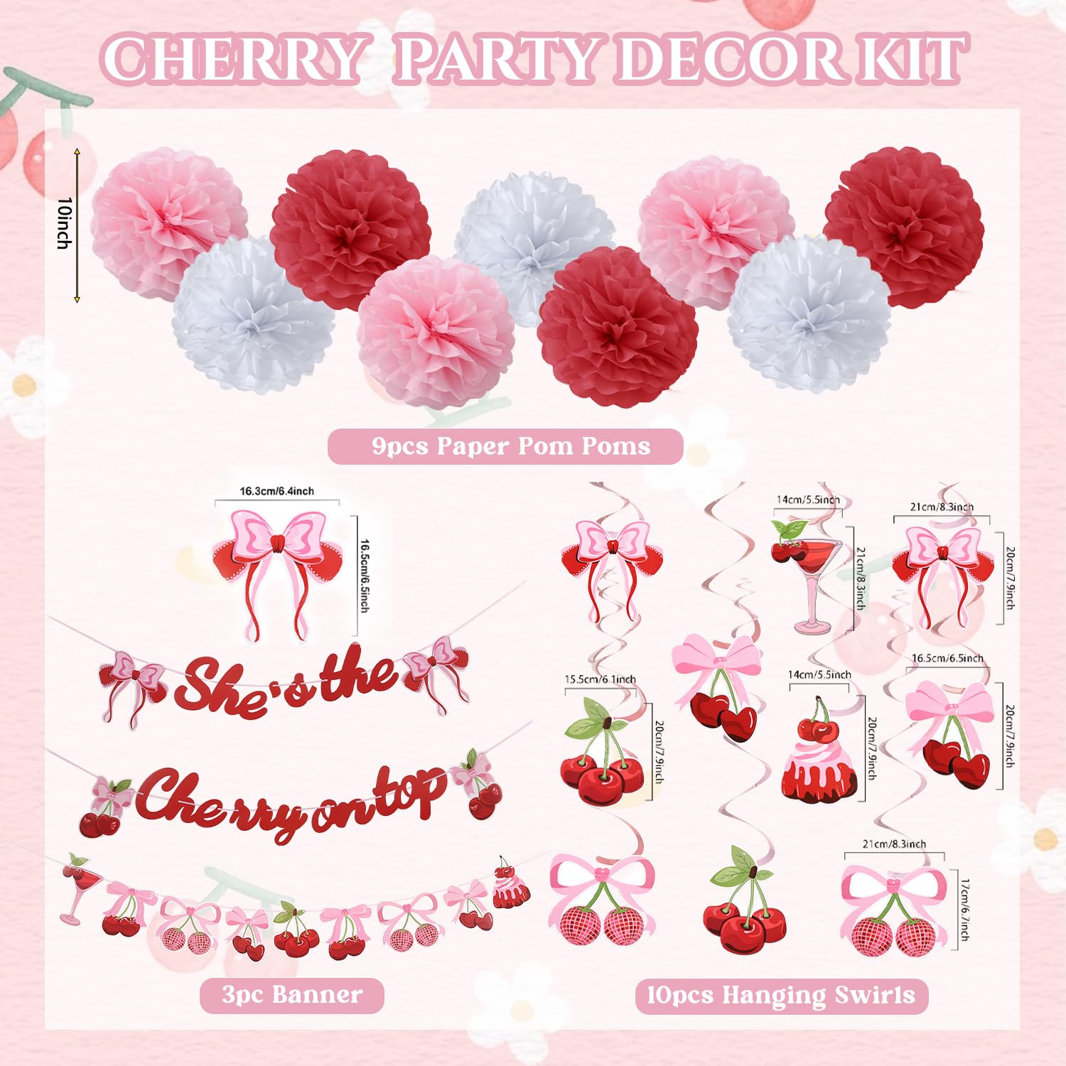 Cherry Birthday Party Decorations,She's The Cherry On Top Banner,9pcs Tissue Paper Pom Poms,10pcs Hanging Swirls for Birthday Decorations Summer Fruit Party Supplies