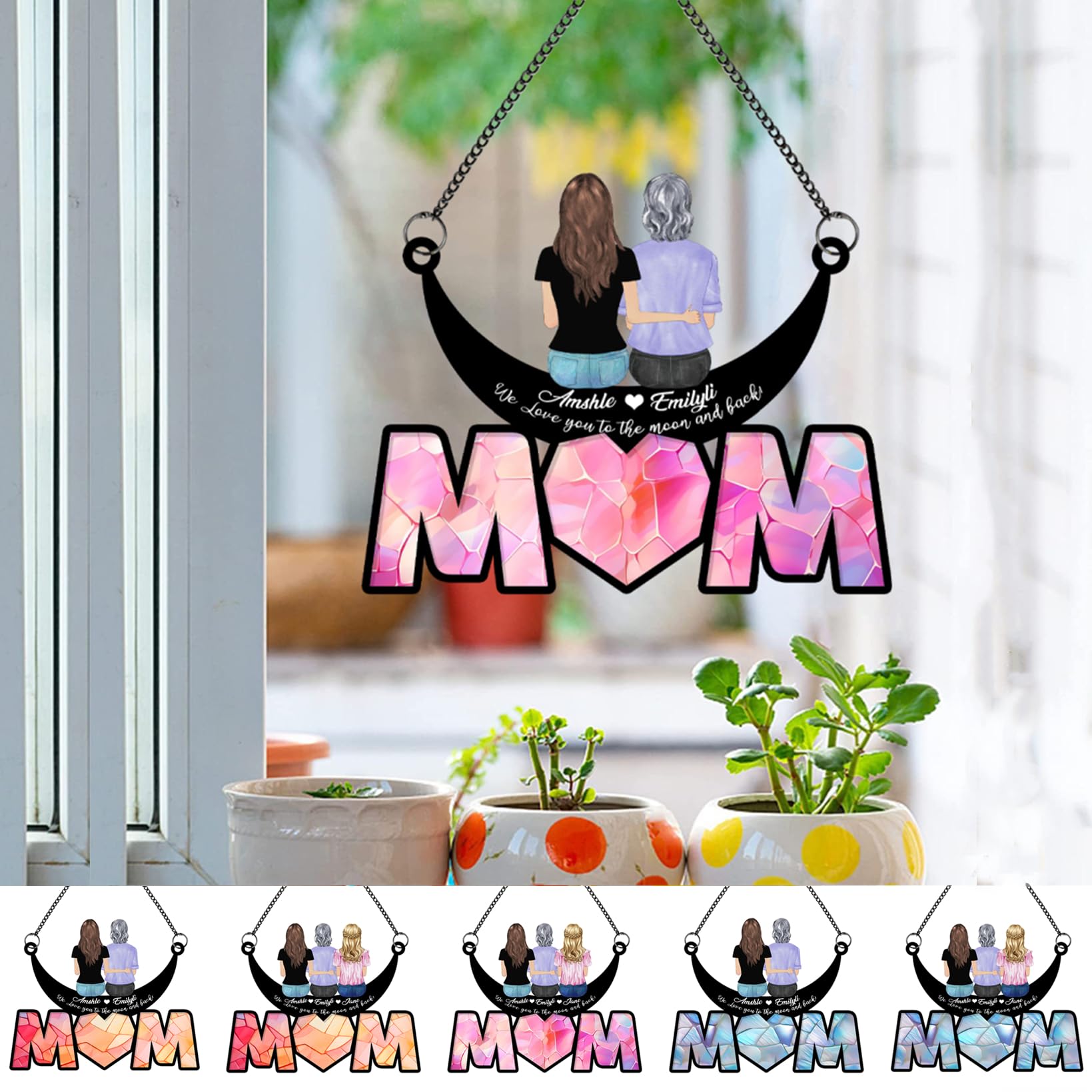 Adorno personalizado para colgar en la ventana, para mamá de hija, madre e hija en la luna, atrapasueños colgante de ventana de acrílico, decoración artística para colgar en la ventana, estilo 2