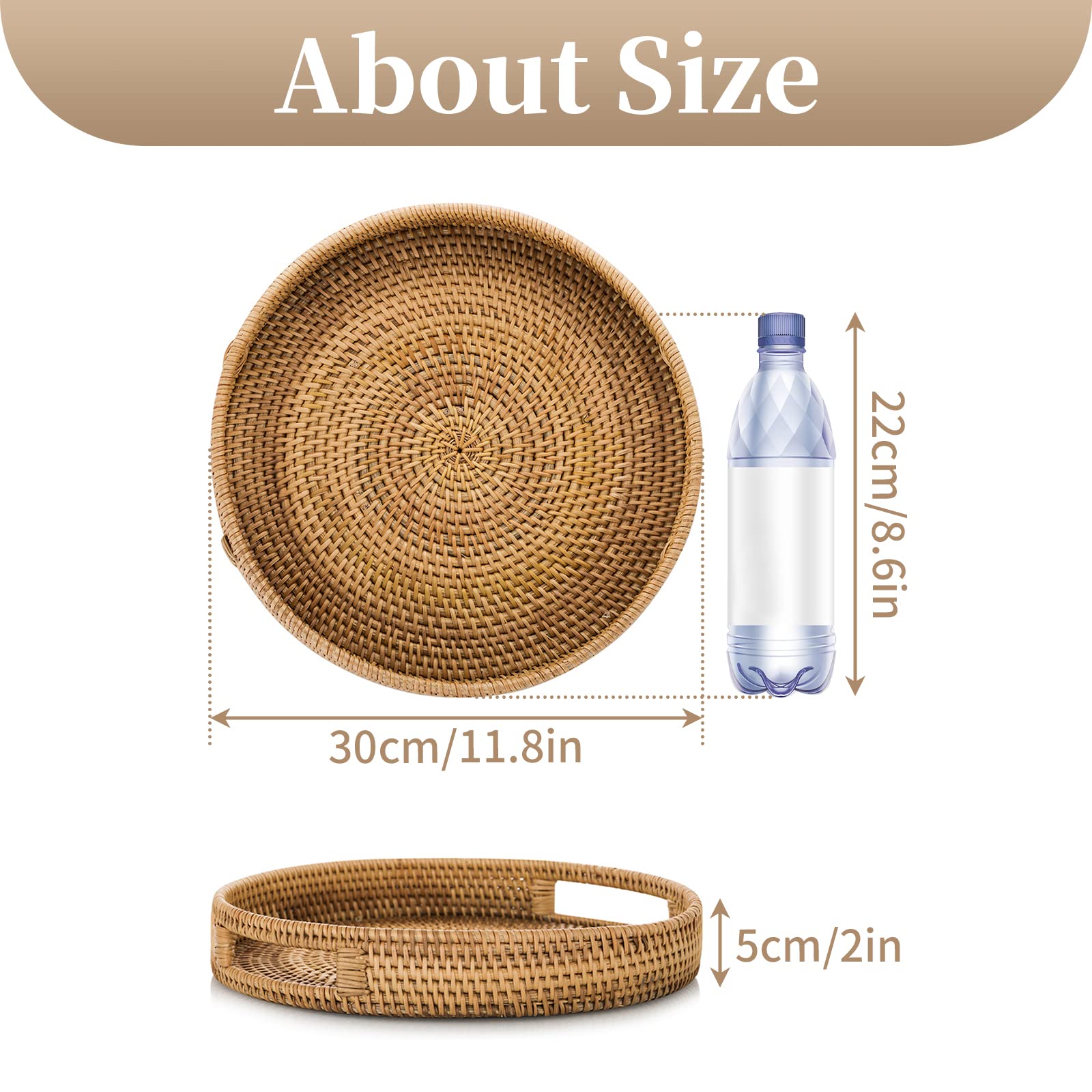 Sziqiqi Rotan dienblad met handgrepen 35 cm handgeweven rieten dienblad rotan dienblad rustiek decoratief dienblad voor ontbijt, dranken, snacks, brood voor salontafel bar diners