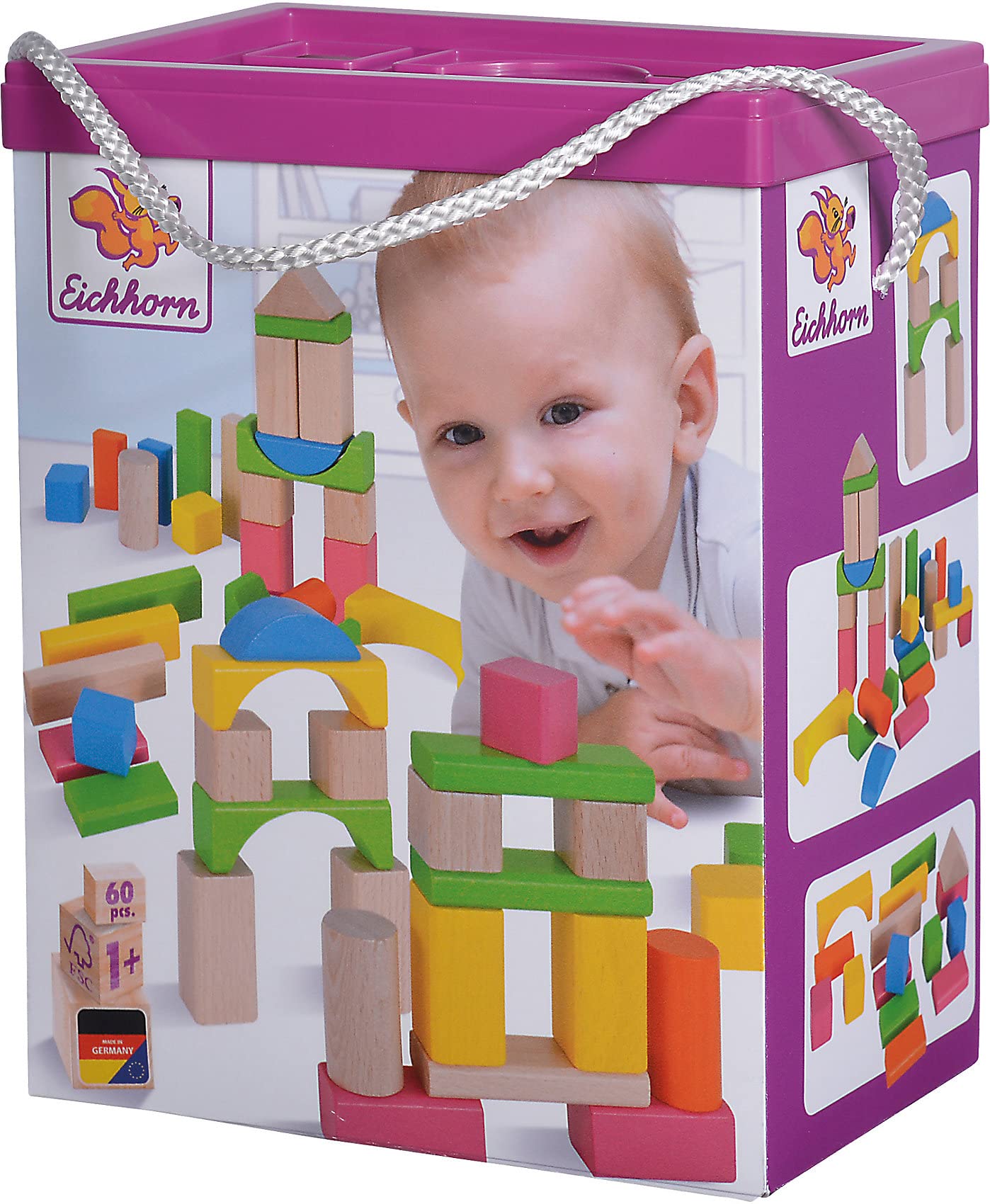 Eichhorn 100088021 60 Bunte und naturfarbene Holzbausteine in der Aufbewahrungsbox mit Kordel und Sortierdeckel, FSC 100 Prozent zertifiziertes Buchenholz, für Kinder ab einem Jahr