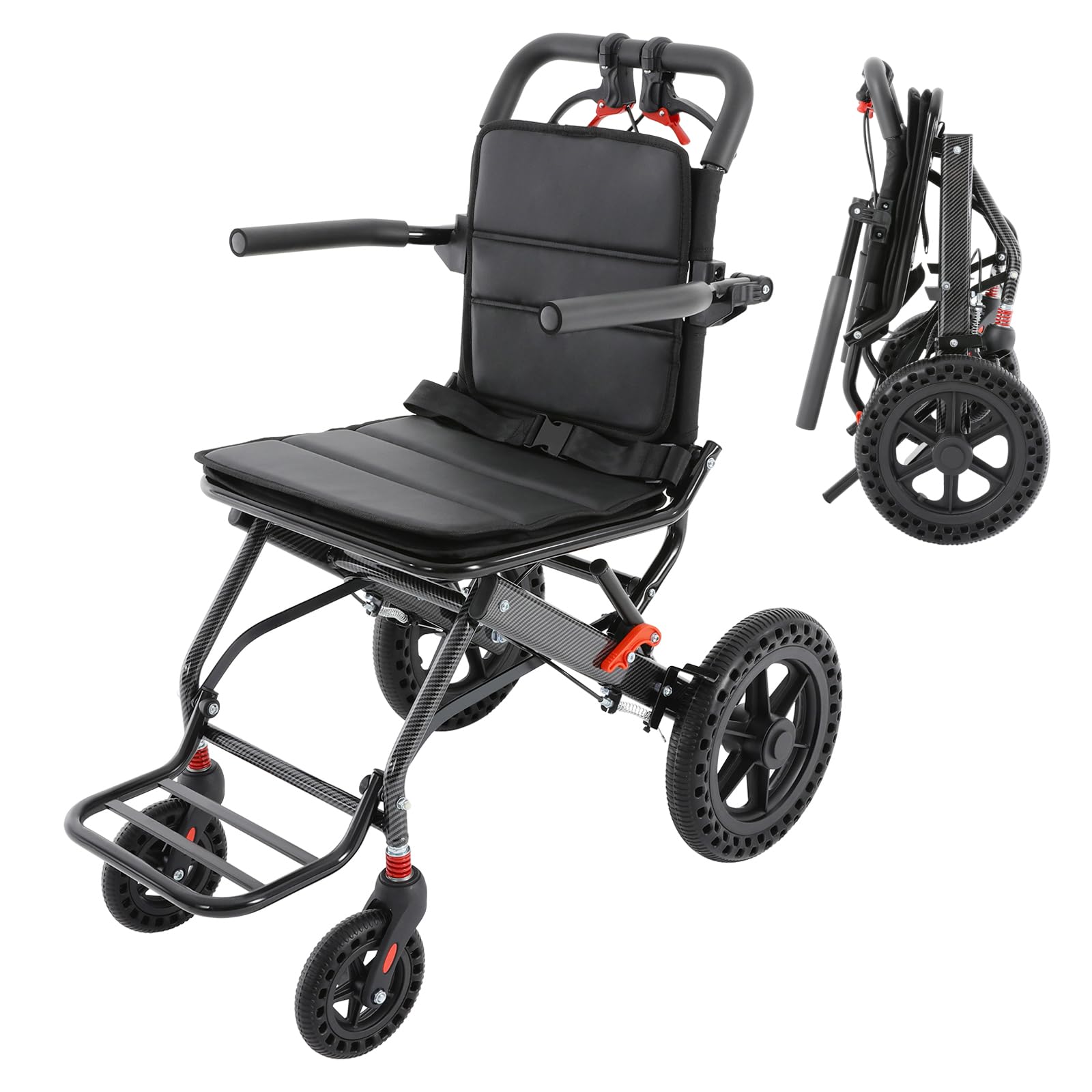 Silla de ruedas plegable con neumáticos de panal, silla de ruedas portátil con bolsa de almacenamiento, capacidad de carga de 100 kg de aleación de aluminio, sin montaje, para personas