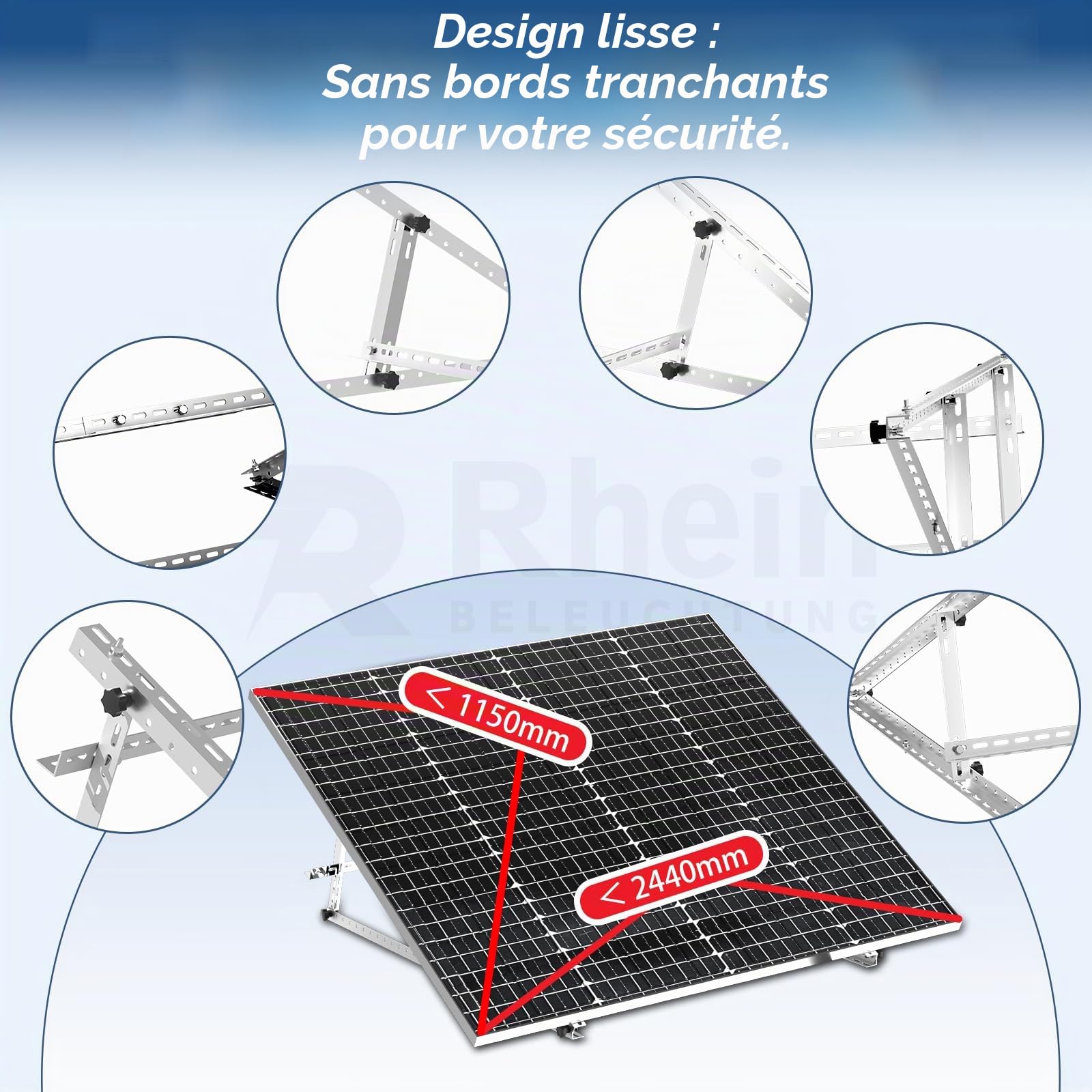 Lot de 2 supports pour centrale électrique de balcon - 117 cm - Support de panneau solaire plat pour panneaux solaires - Angle réglable de 0 à 90 ° - Compatible avec les panneaux solaires de 100 à 600