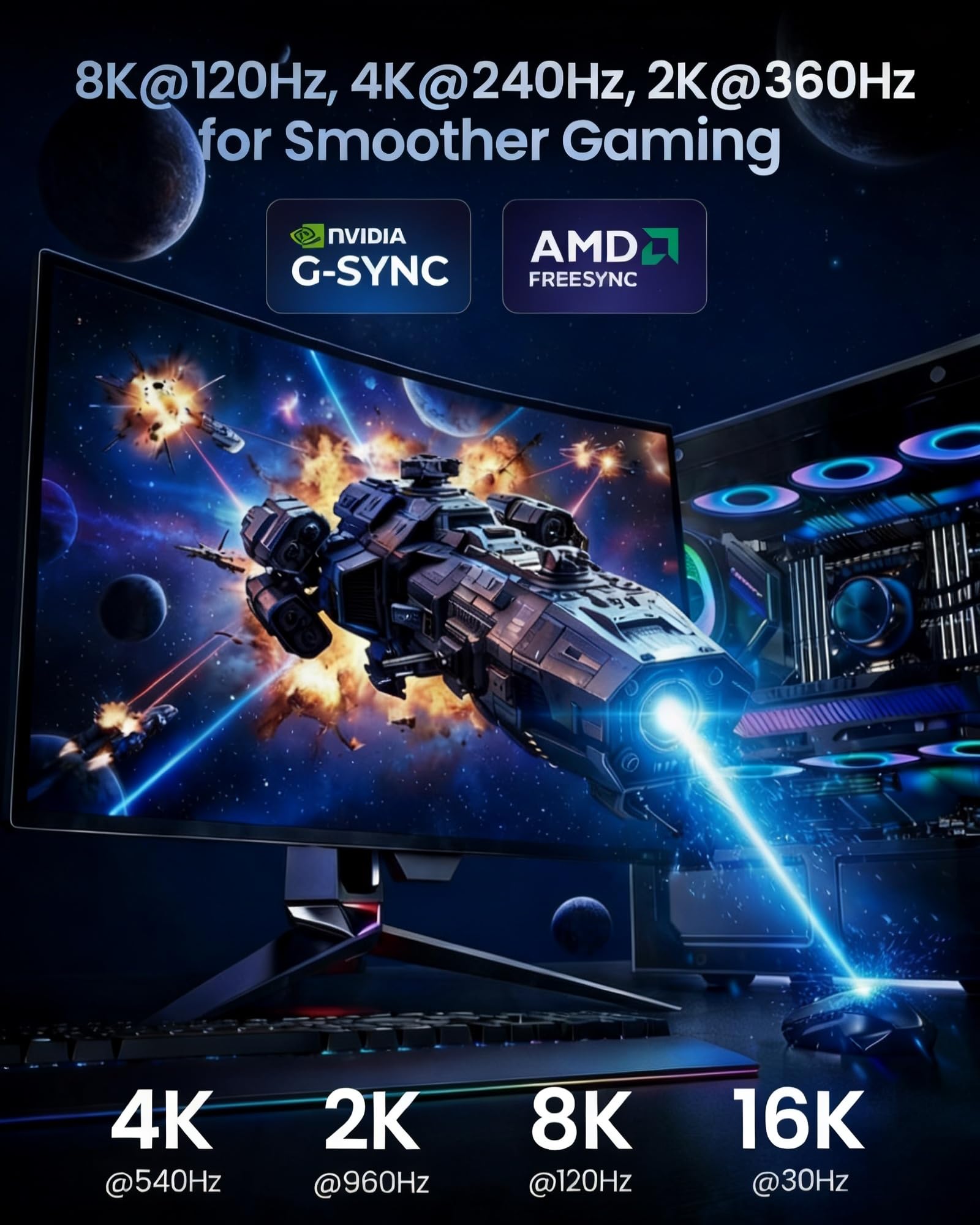 Silkland 16K Câble DisplayPort 2.1 2m Certifié VESA – 8K@120Hz 4K@240Hz 360Hz HDR FreeSync G-Sync 3D VRR 54Gbit/s, Tressé Câble DP pour Carte Graphique RTX 5090/4090, écran Gaming PC VR moniteur