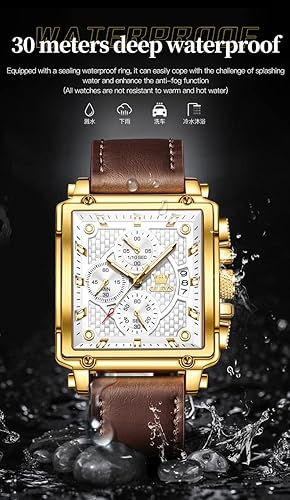 Miniatura 9 de OLEVS Relojes cuadrados para hombre, cronógrafo de cuero marrón, reloj de negocios de moda, luminoso, impermeable, relojes de pulsera casuales