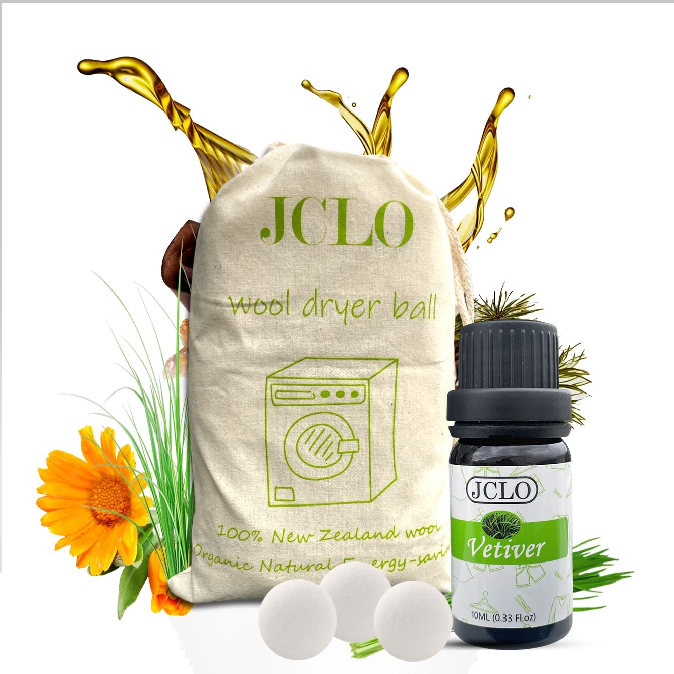 CLO XL 6-Pack Organic Wool Dryer Balls with 10ml & VETIVER Essential Oil Combo for Use 100% Organic and Natural Diffuser and Humidifiers Perfect for Massage and Topical Uses Improves Relaxation