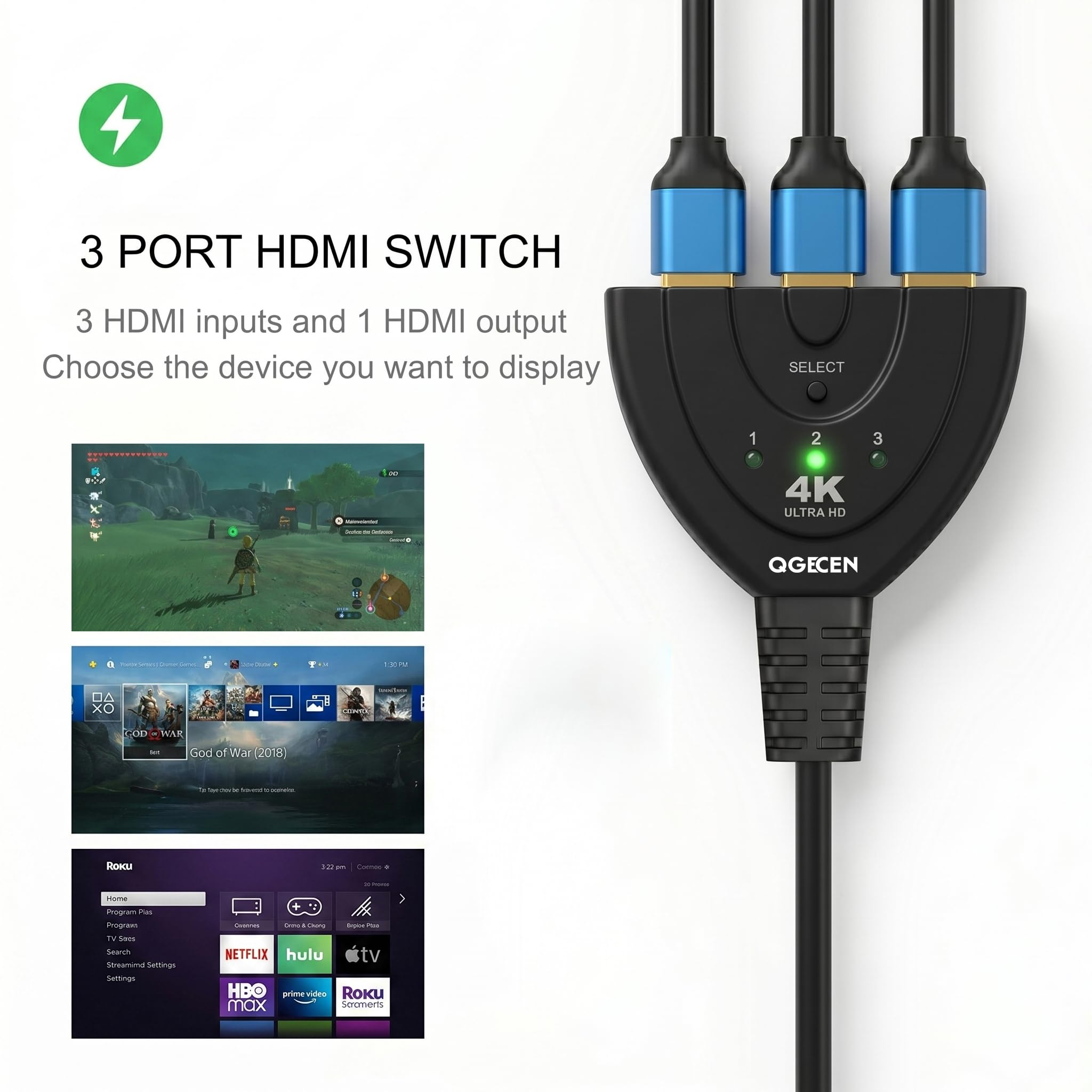 Switch HDMI 3 Porte, Commutatore HDMI 4K 30Hz con Cavo da 56 cm, 3 Ingressi 1 Uscita, Splitter HDMI Hub, Auto & Manual Switch, per PS4, Xbox, Sky Q, Fire Stick, Roku, PC, TV, Monitor
