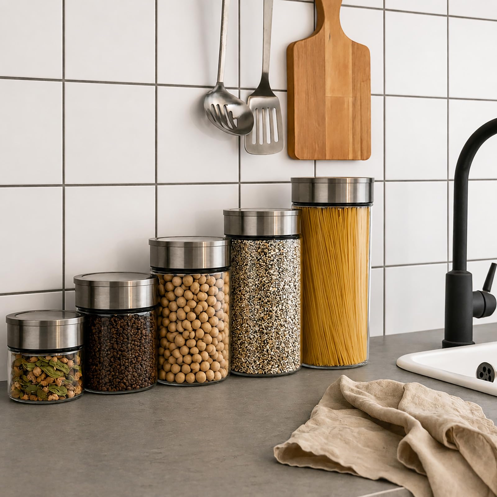 BURI Juego de 6 tarros de cristal de 1000 ml, herméticos con tapa de acero inoxidable y cierre de clic, apilables, aptos para lavavajillas, para cocina, almacenamiento de alimentos