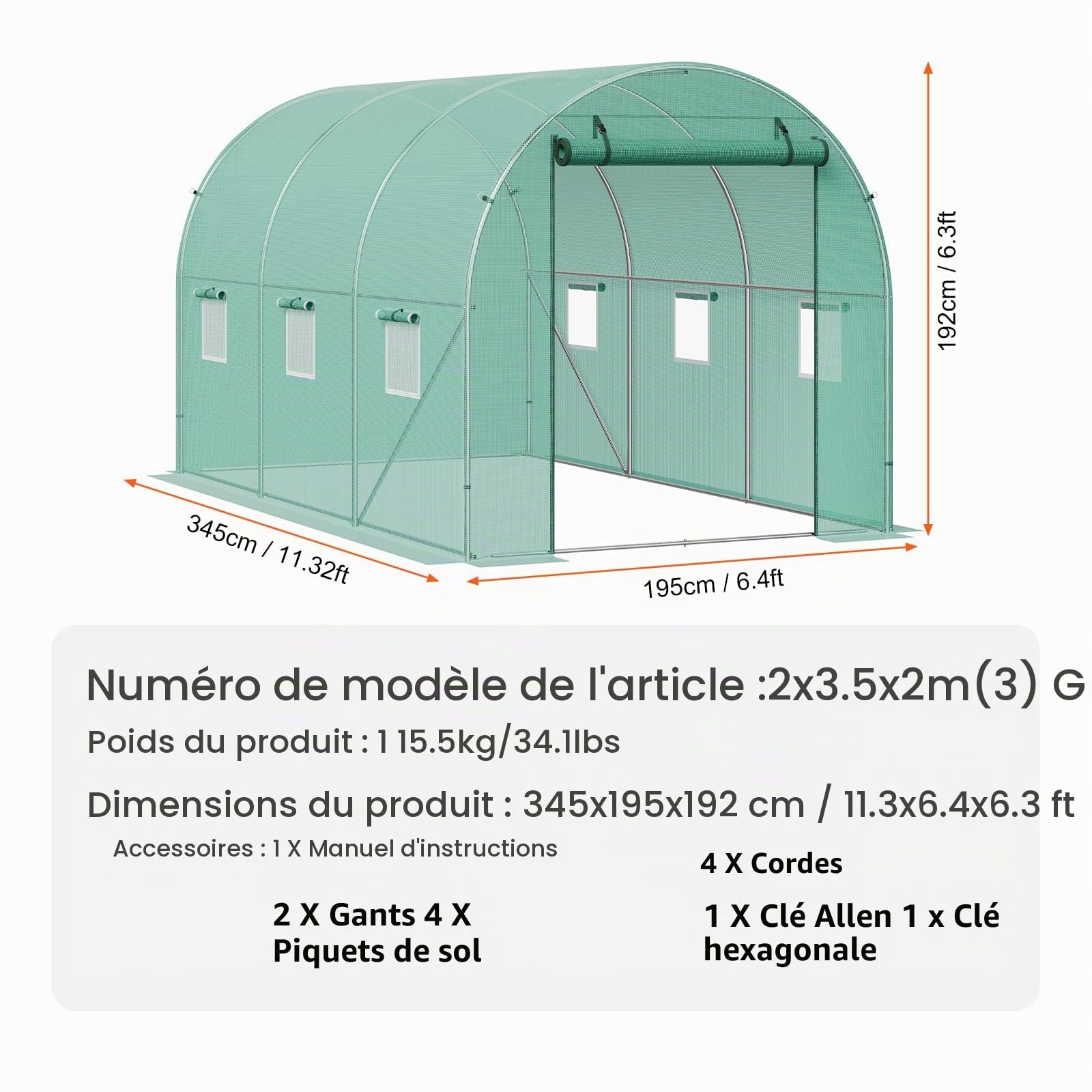 VEVOR Serre Tunnel Jardin, 345x195x192 cm, Tente Abri Plantes avec Cadre en Acier Galvanisé, Couverture en PE Verte, Porte à Glissière Enroulable, 6 Fenêtres, pour Extérieur Cultiver Légumes Fleurs
