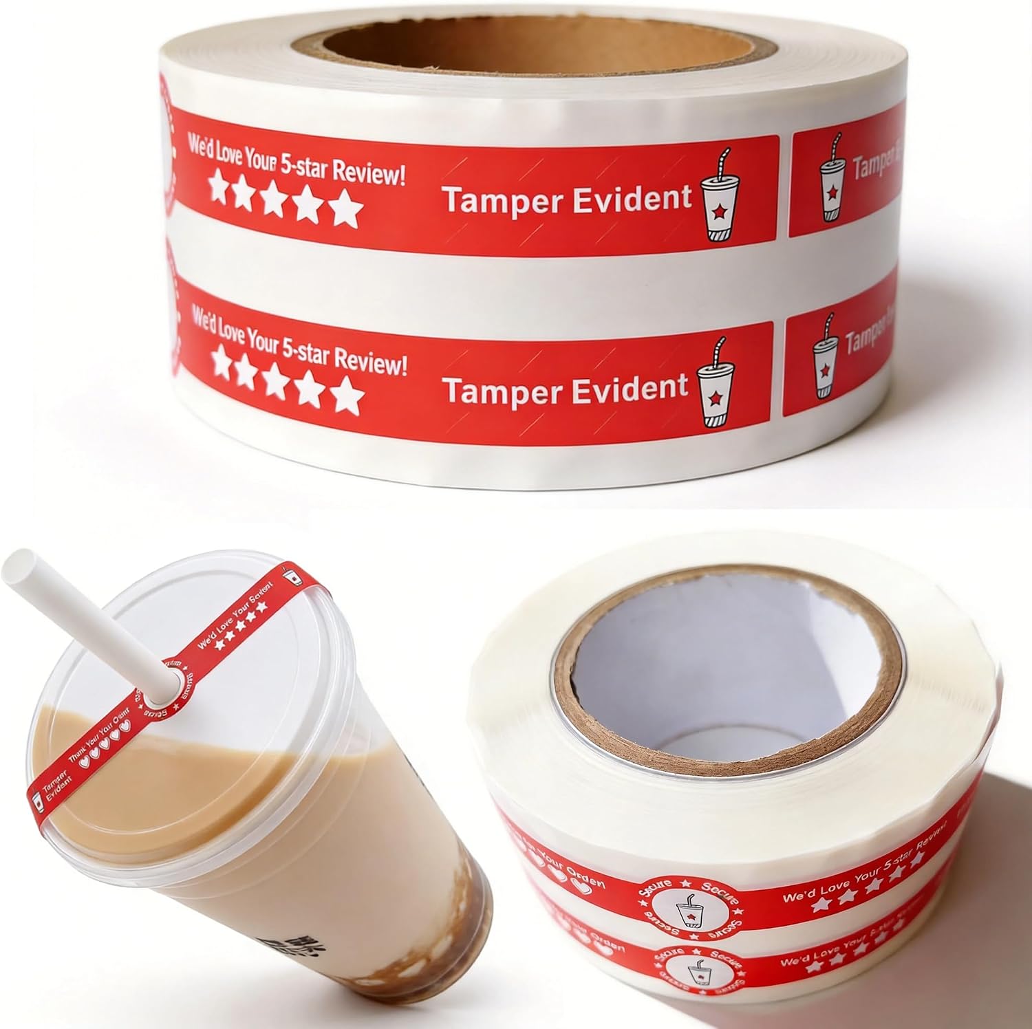 500 Pcs 1x9 Inch Safe Secure Food Delivery Labels, Tamper Proof Seals Stickers for Drink Lids – Tamper Evident Sealing for Fresh Drink Food Delivery, 5 Star Review Delivery Labels(Red Color, Die-Cut)