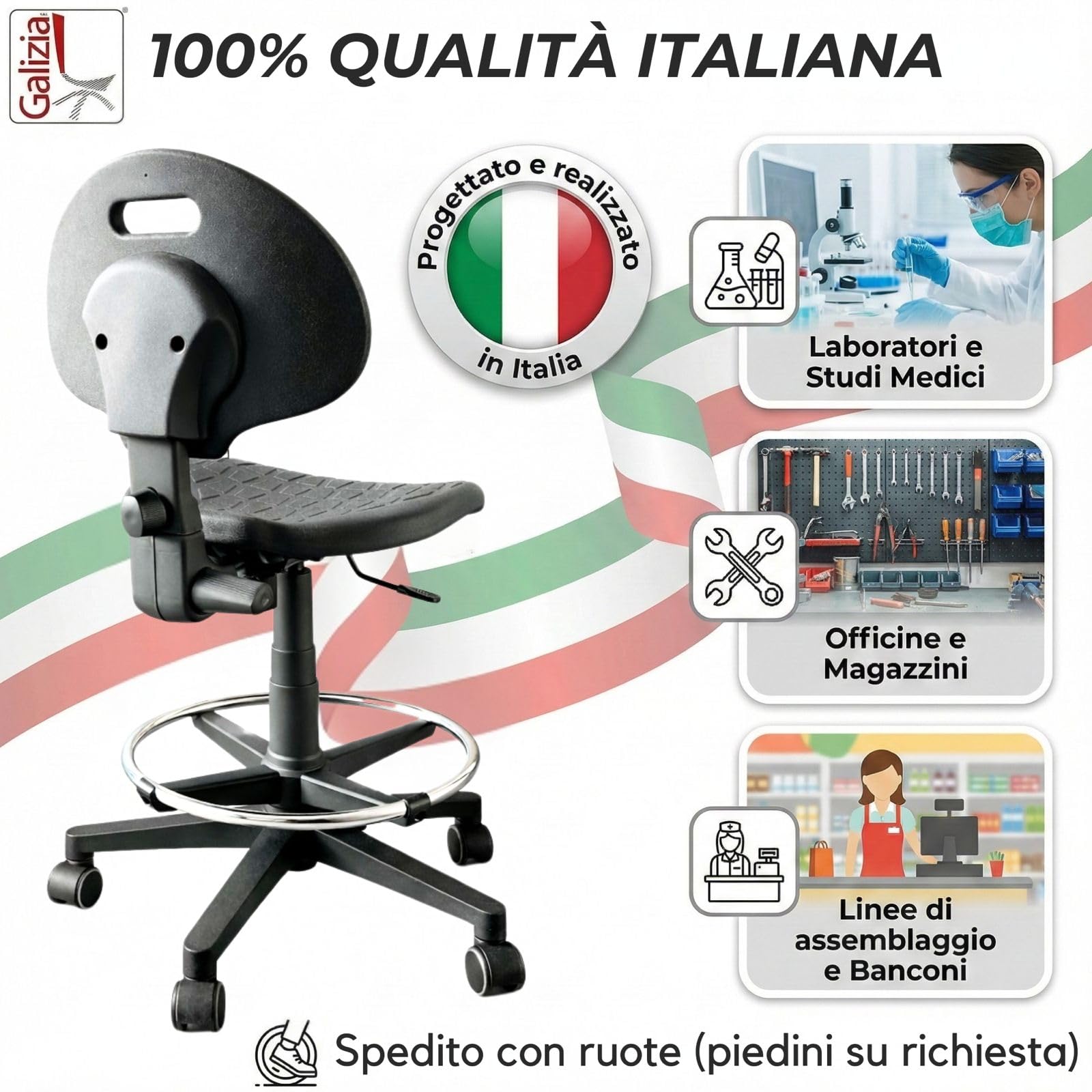 SGABELLO GIREVOLE, SEDILE E SCHIENALE IN POLIURETANO, ELEVAZIONE A GAS, BASE E POGGIAPIEDI IN PLASTICA, CON RUOTE, SCHIENALE REGOLABILE, CONTATTO PERMANENTE, PRODOTTO ITALIANO
