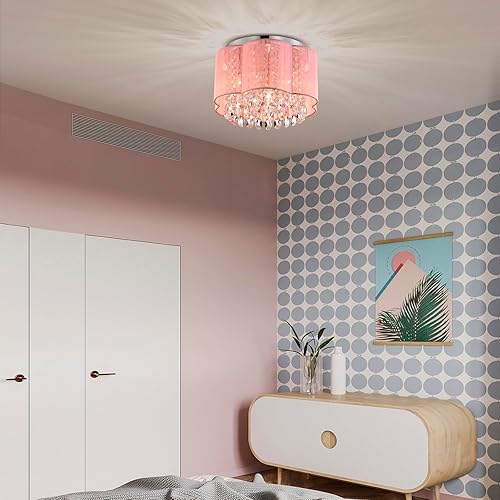 Miniatura 3 de LaLuLa Lámpara de techo de cristal rosa, montaje empotrado de 3 luces con pantalla de flores hecha a mano, pequeña lámpara moderna para dormitorio