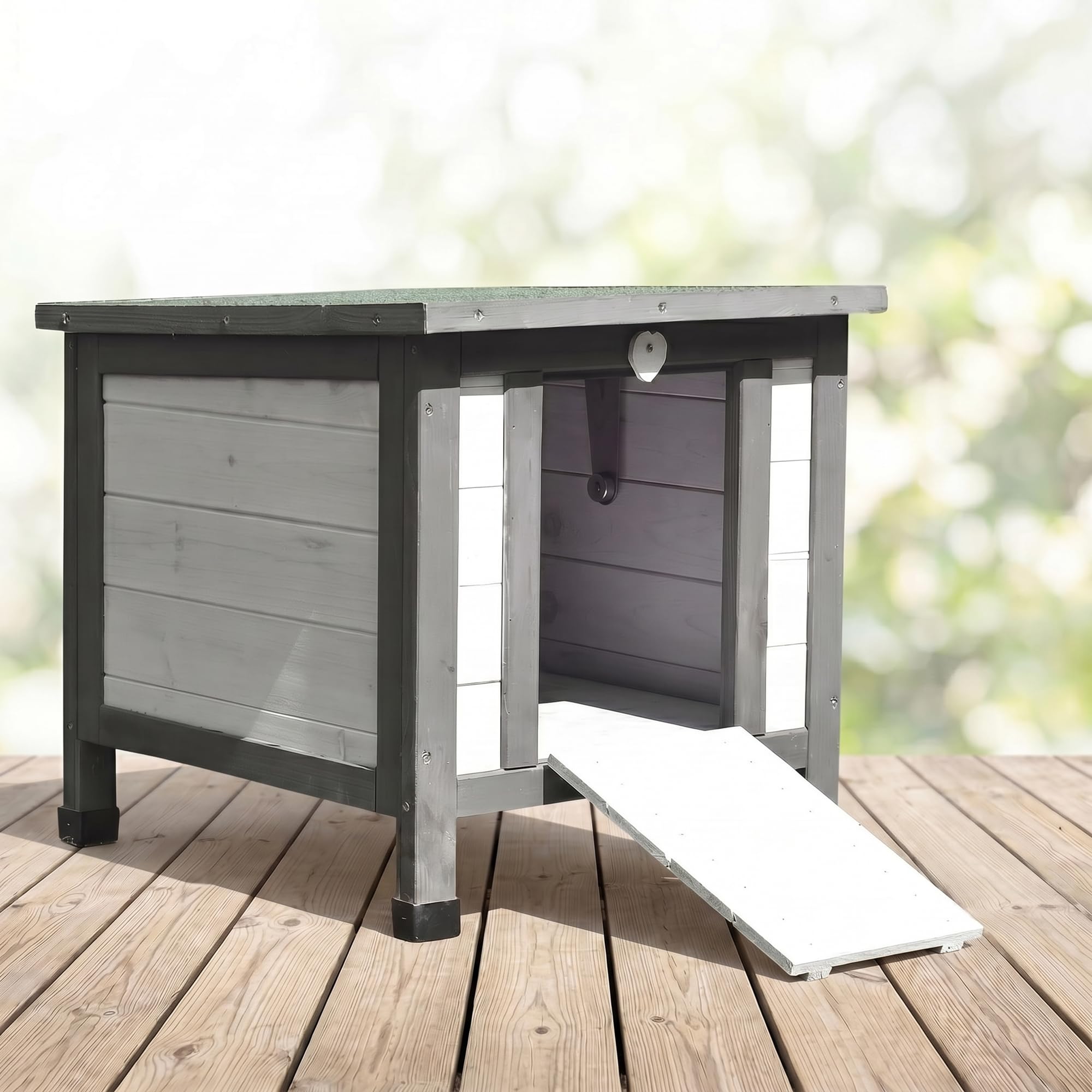Mucola Katzenhaus Winterfest mit klappbarem Deckel und Rampe 50x45x43cm Katzenhütte Outdoor Wurfkiste Holz Katzenhöhle Katzenschlaftplatz