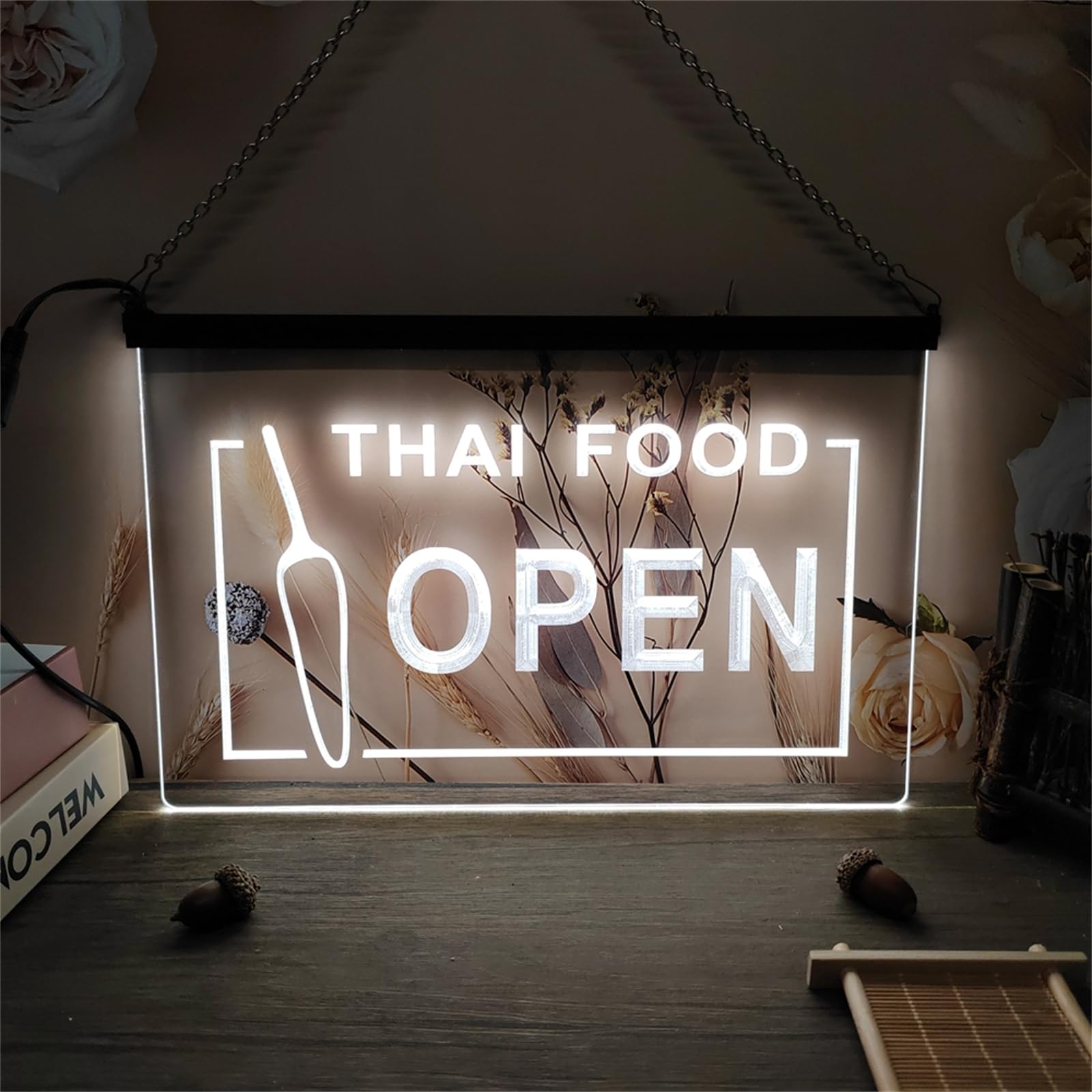 Zayeksole Open Thai Food Neon Sign for Wall Decor, USB Dimmable LED Neon Light Up Sign for Thai Restaurant Wall Decoration,White,30x20cm