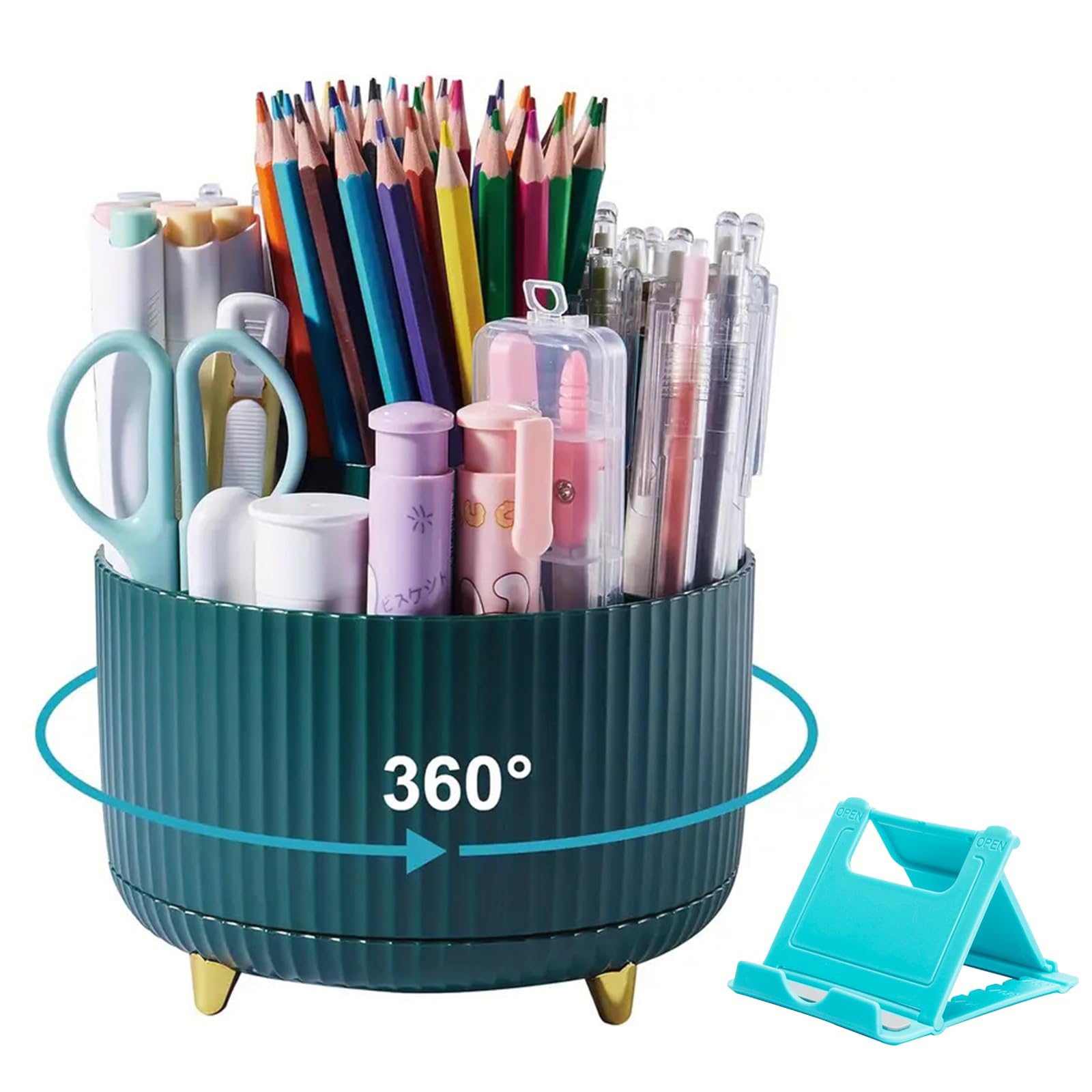 Elezeal Rotating Desk Organizer - 360-Degree Desk Organiser, Multi-Compartment Pen Holder with Non-Slip Base, Pencil Cup Art Supply Storage Box Caddy for Office, Home, and School Supplies (green)