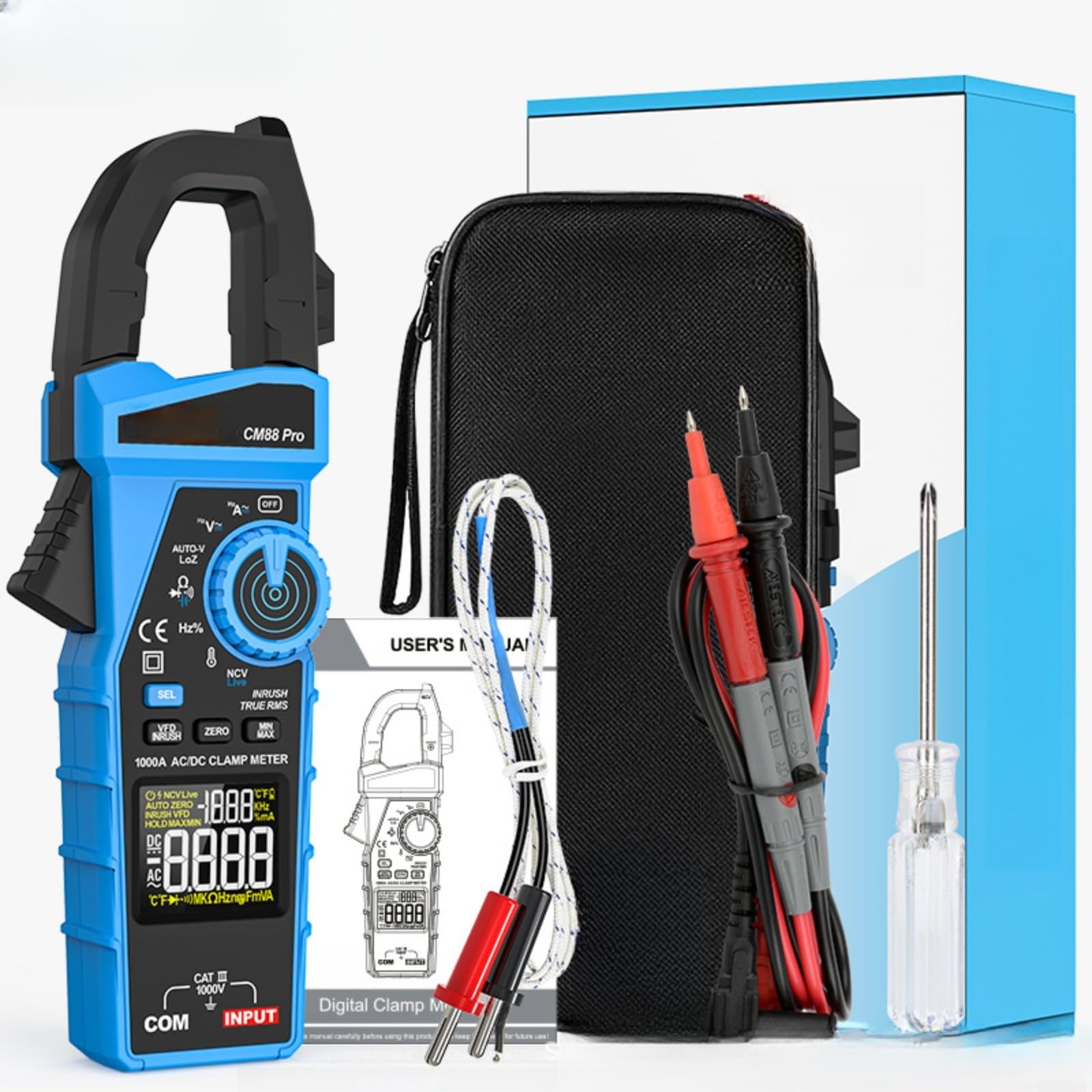 1 pinza amperimétrica digital True RMS 1000A AC/DC Auto-Range NCV para pruebas de reparación eléctrica, ABS azul y negro
