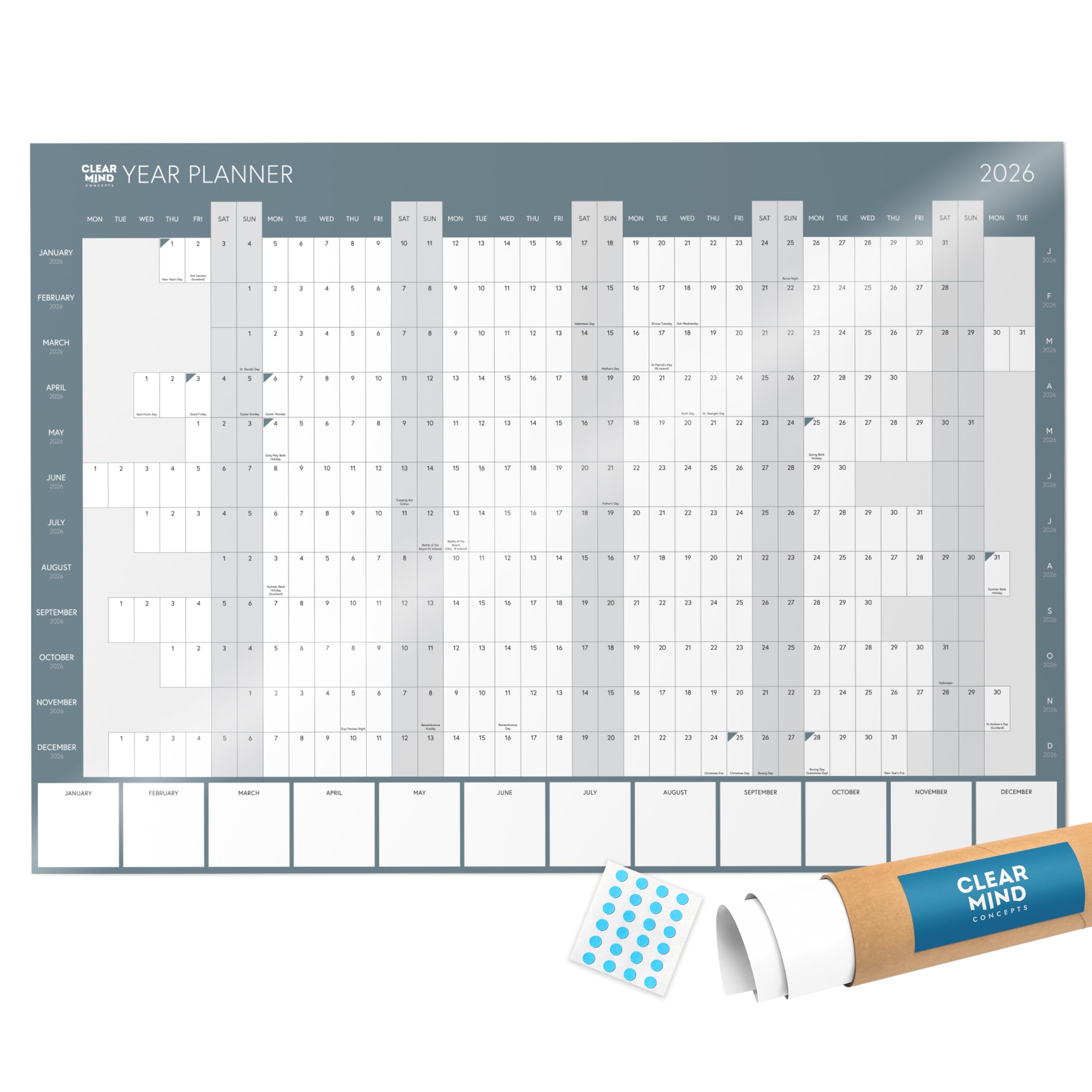 Clear Mind Concepts 2023 Year Wall Planner by - A2 Laminated Wall Calendar 59.4cm x 42cm for Home Work Student - Delivered Rolled In a Tube - Silk Paper - 3 Printable Organisation Planners