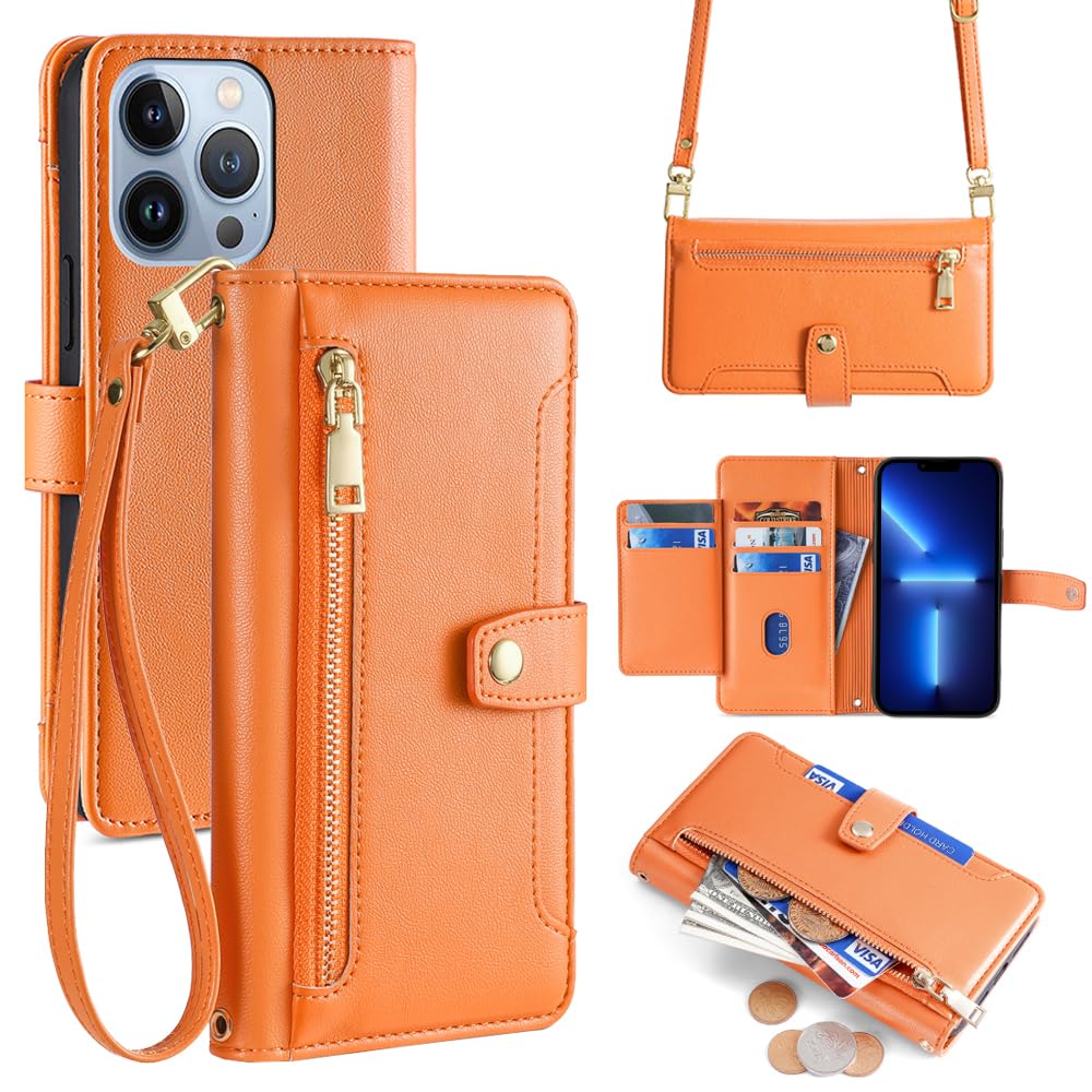 Crossbody Phone Case for Google Pixel 8 with Lanyard, Flip Wallet Cover with Kickstand & Magnetic Zipper [6 Card Slots+1 Cash Slots] Folio in Luxury Vegan Leather Orange
