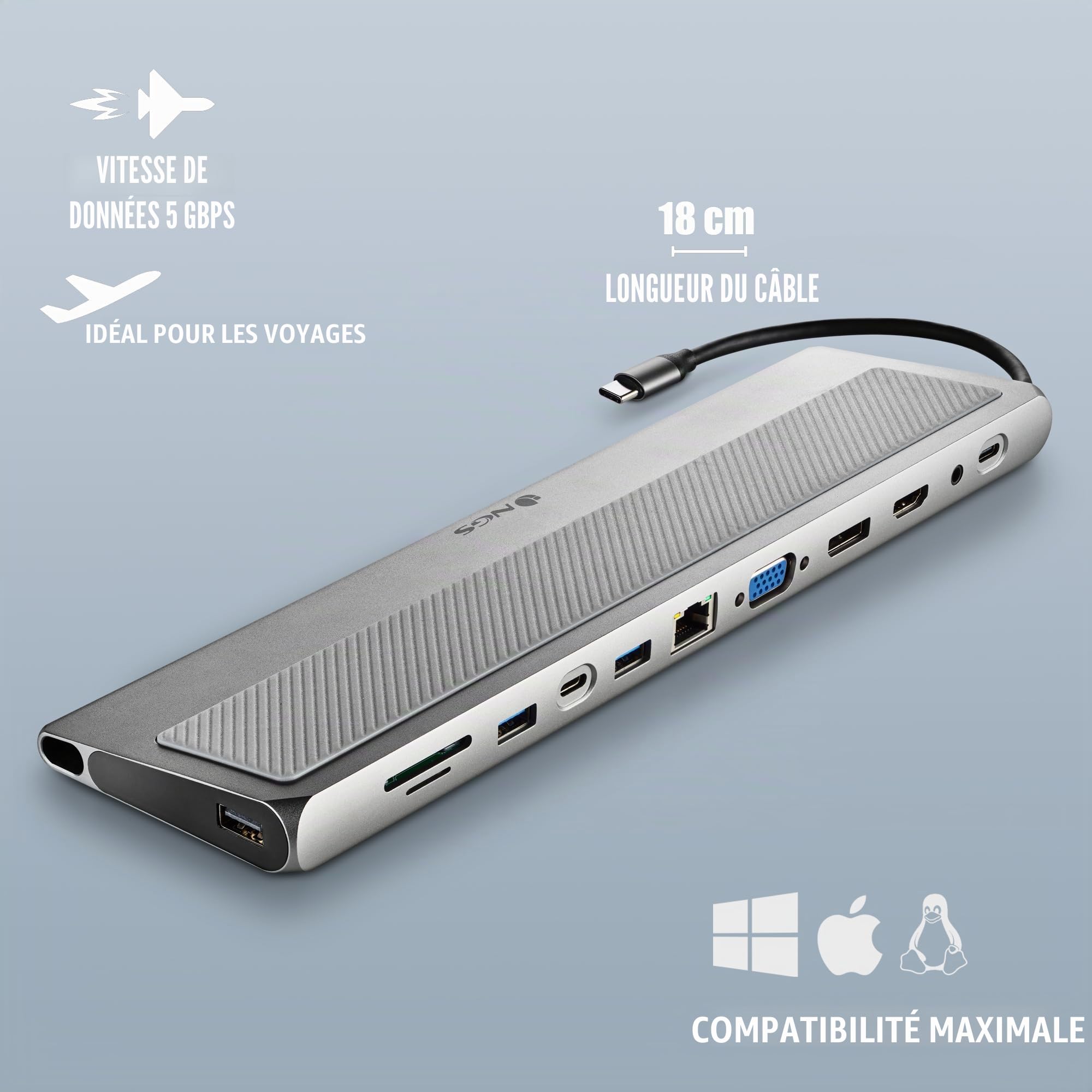 NGS Wonder Dock 12 Pro - Adaptateur multiport 12-en-1 Compatible avec MacBook Pro, MacBook Air, iPad Pro XPS Chromebook périphériques USB-C (USB 2.0, USB 3.0, HDMI, DP, VGA, Audio RJ45 USB-C, SD/TF)