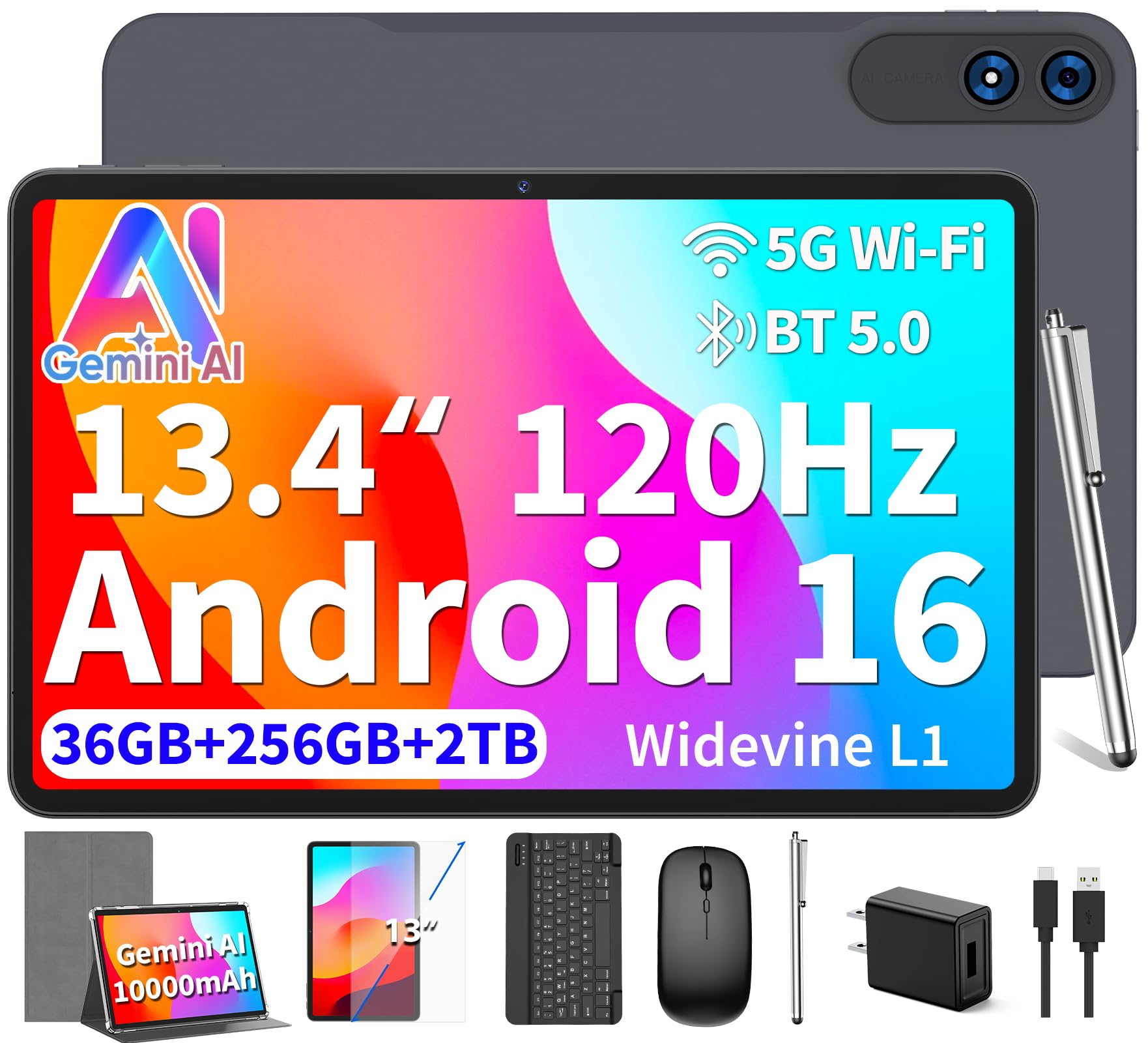 Android 16 Tablet 13 inch - Tablet with 36GB+256GB+2TB Expand, Silver Case