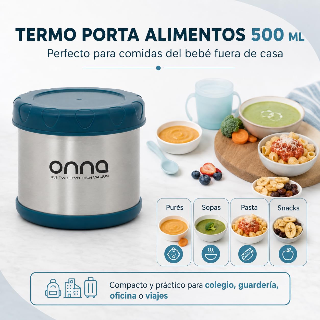 ONNA Termo Porta Alimentos 500 ml, Recipiente Térmico de Acero Inoxidable para Comida (1802MB)