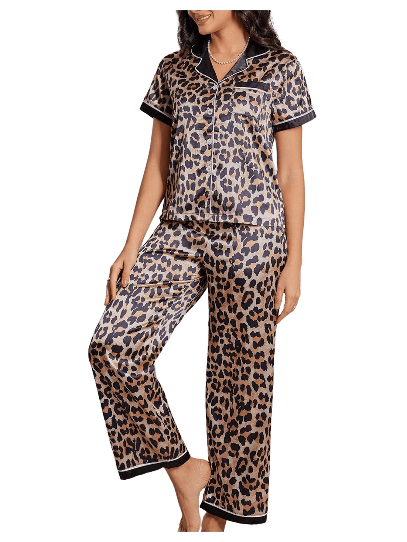 Milumia Women's 2 Pcs PJ Set Leopard Print Pajama Set Short Sleeve Satin Sleepwear