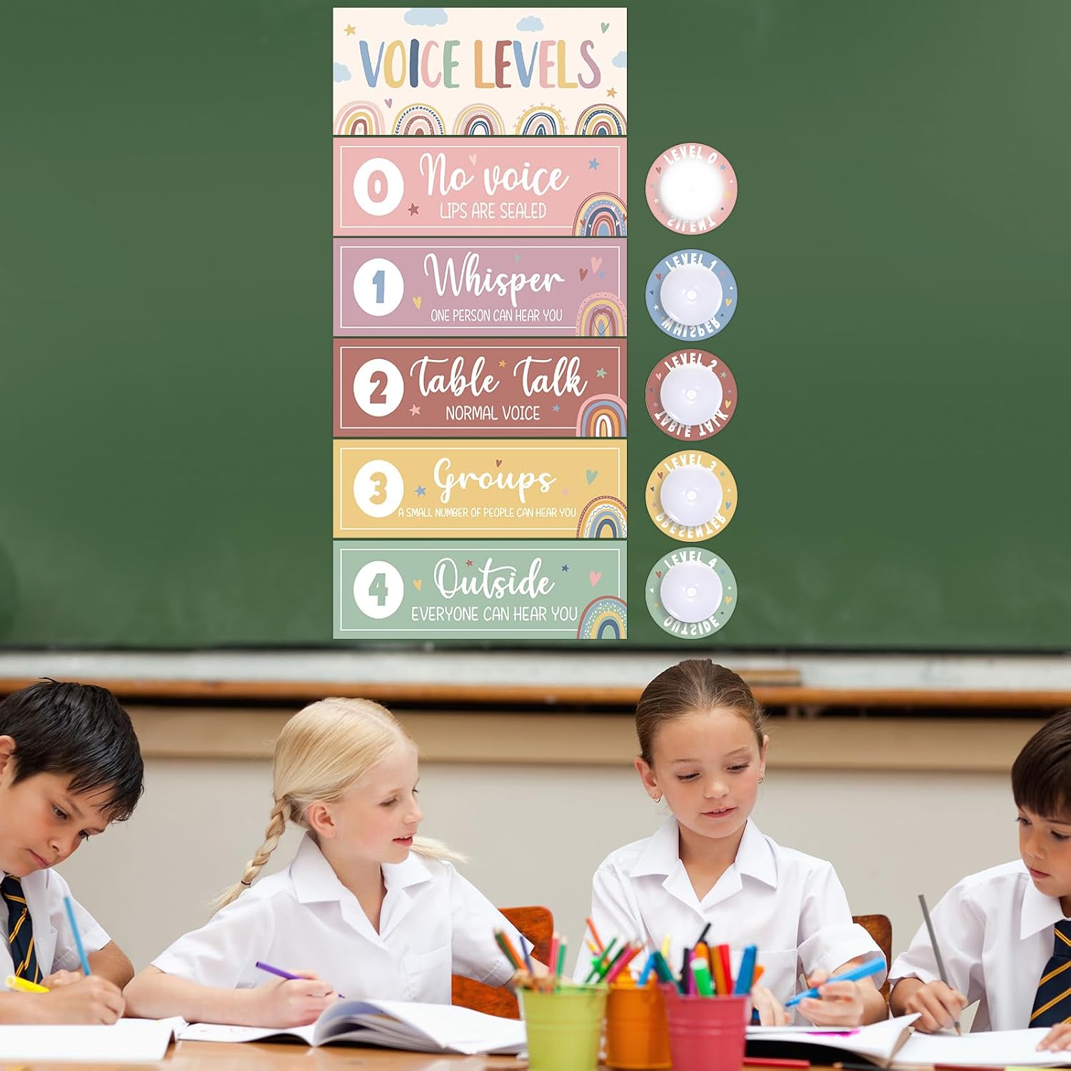 5 Pcs School Push Light and Voice Level Poster Voice Level Chart Monitor Rules Sign LED Tap Light Classroom Rules Poster Noise Chart Classroom Management Tools for Teachers Back to School （Boho Style） image 5