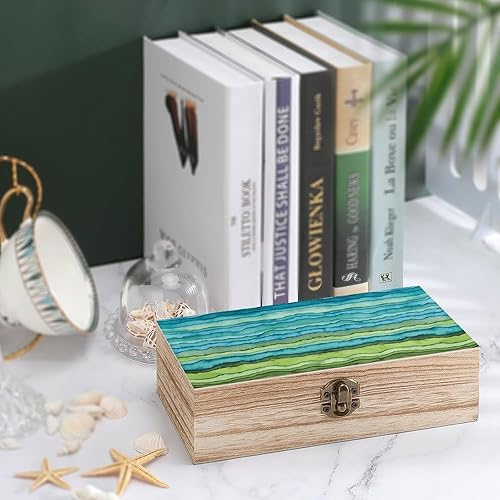 Miniatura 4 de Waves Desk Mat Blue And Green Wooden Storage Box Decorative Trinket Keepsake Box Wood Jewelry Organizer Box for Bedroom Office with Hinged Lid And