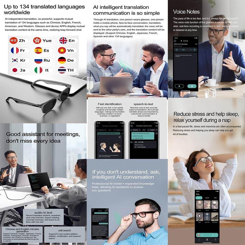 Occhiali Intelligenti con Intelligenza Artificiale, Traduzione Vocale E Video in Tempo Reale (134 Lingue), Controllo Tramite App, Impermeabili Ip65, Occhiali da Sole Bluetooth HD,B