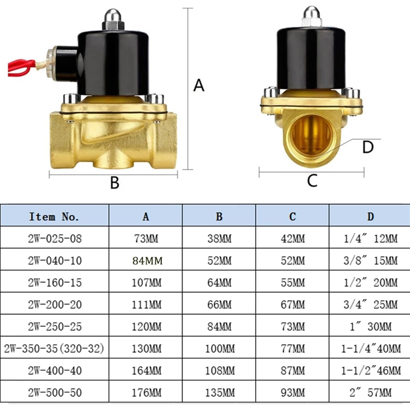 Electroválvula neumática de 1/4", 3/8", 1/2", 3/4" y 1", DN8/10/15/20/25/50, Normalmente Cerrada, for Agua, Aceite y Aire, 12 V, 24 V y 220 V(Dn8,12V)
