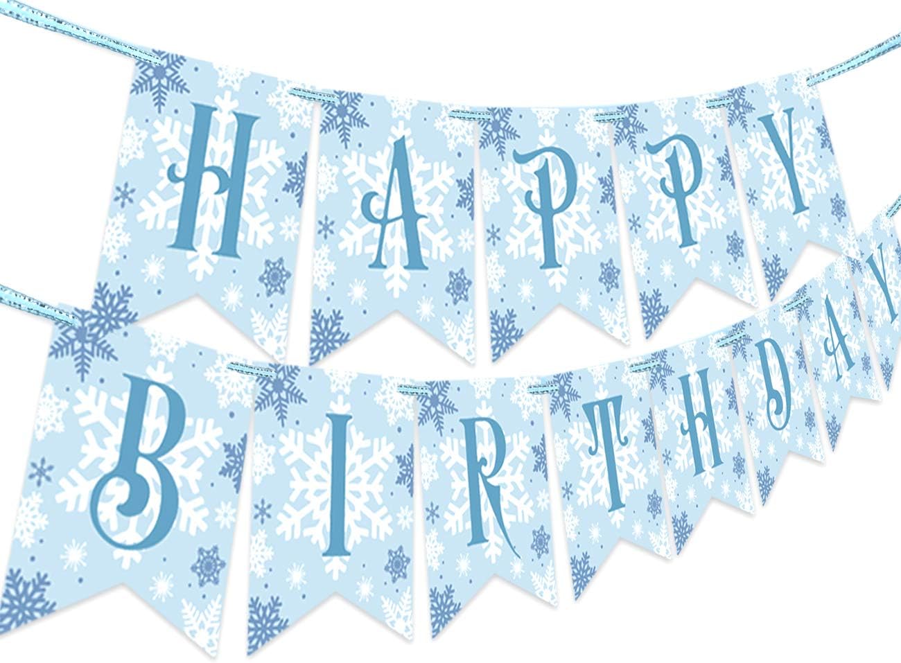 Kreatwow Snowflake Happy Birthday Banner for Frozen Theme, Winter Wonderland 1st 2nd 3rd Birthday Party Decorations and Supplies