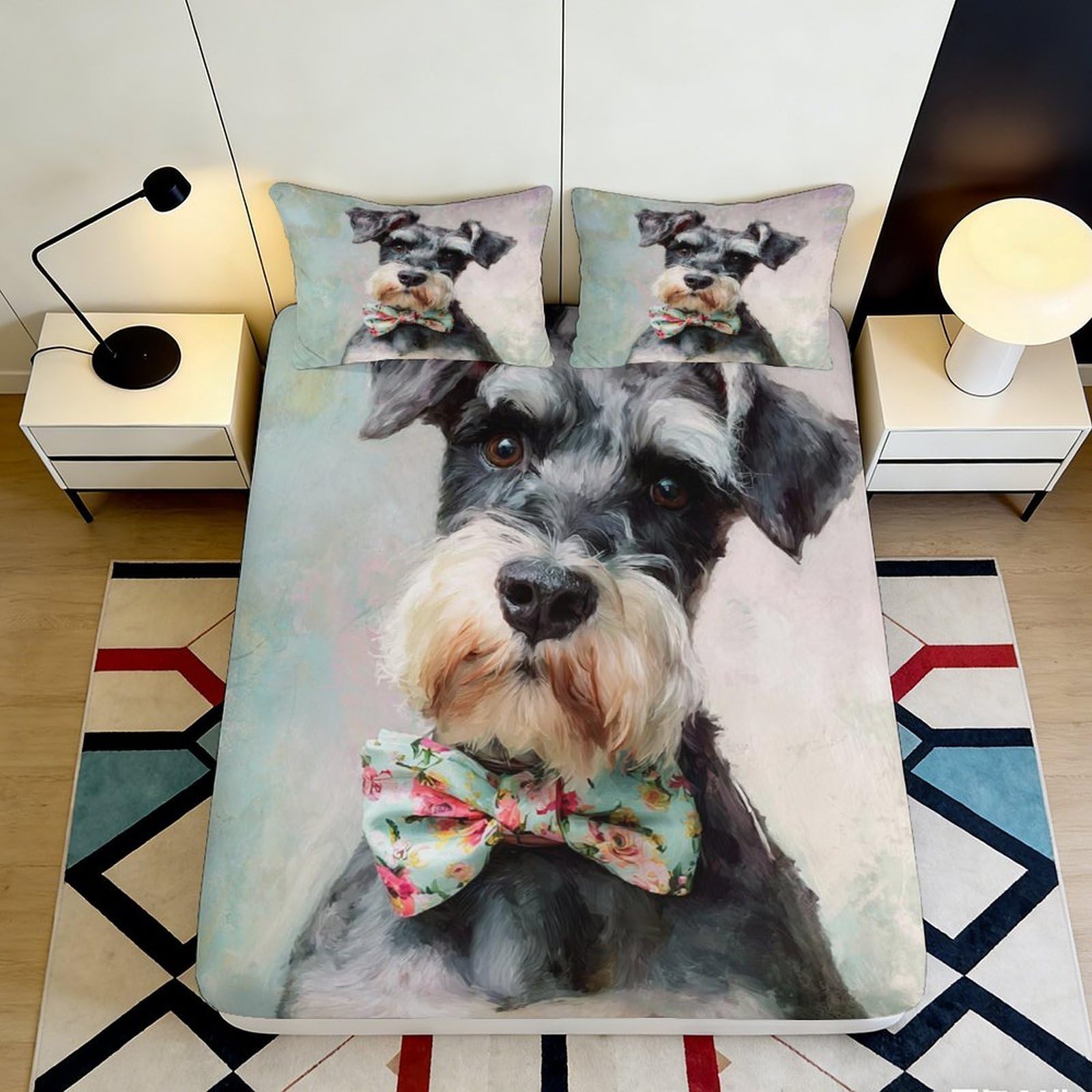 3D Printed Schnauzer Dog Fitted Sheet Microfiber Soft Art Bow Tie Bed Cover for Bedroom Guest Room Decor 90x200x25cm