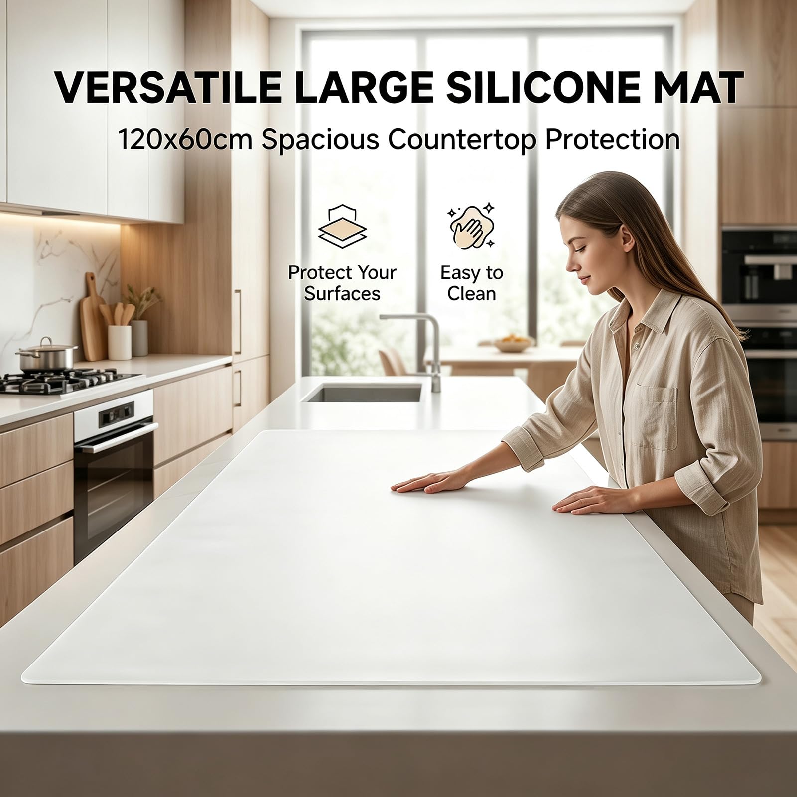 Tapis Silicone Grand 120 x 60 cm, 2 mm Épaisseur Tapis Cuisine, Résistant Antidérapant à la Chaleur, Travail, Peinture, Bricolage, Pour Table et Plan de Travail Cuisine (Blanc Laiteux)