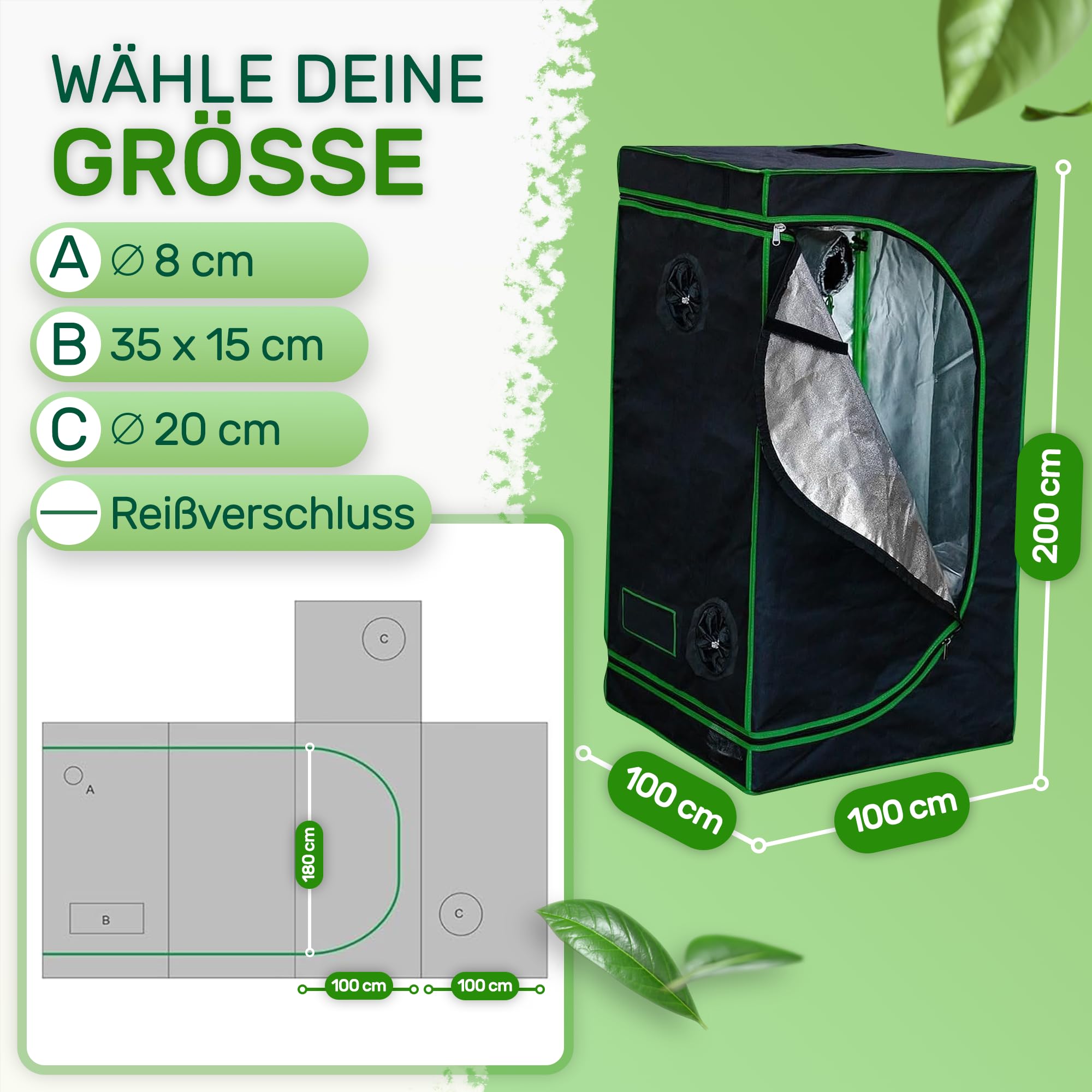 Melko Growbox Namiot do hodowli roślin, 100 x 100 x 200 cm, szafka do uprawy roślin całorocznych, światłotrwała i wodoszczelna | Odblaskowa folia wewnętrzna, metalowe pręty z systemem zatrzaskowym, wyjmowana wkładka dna, namiot do hodowli, kolor czarny