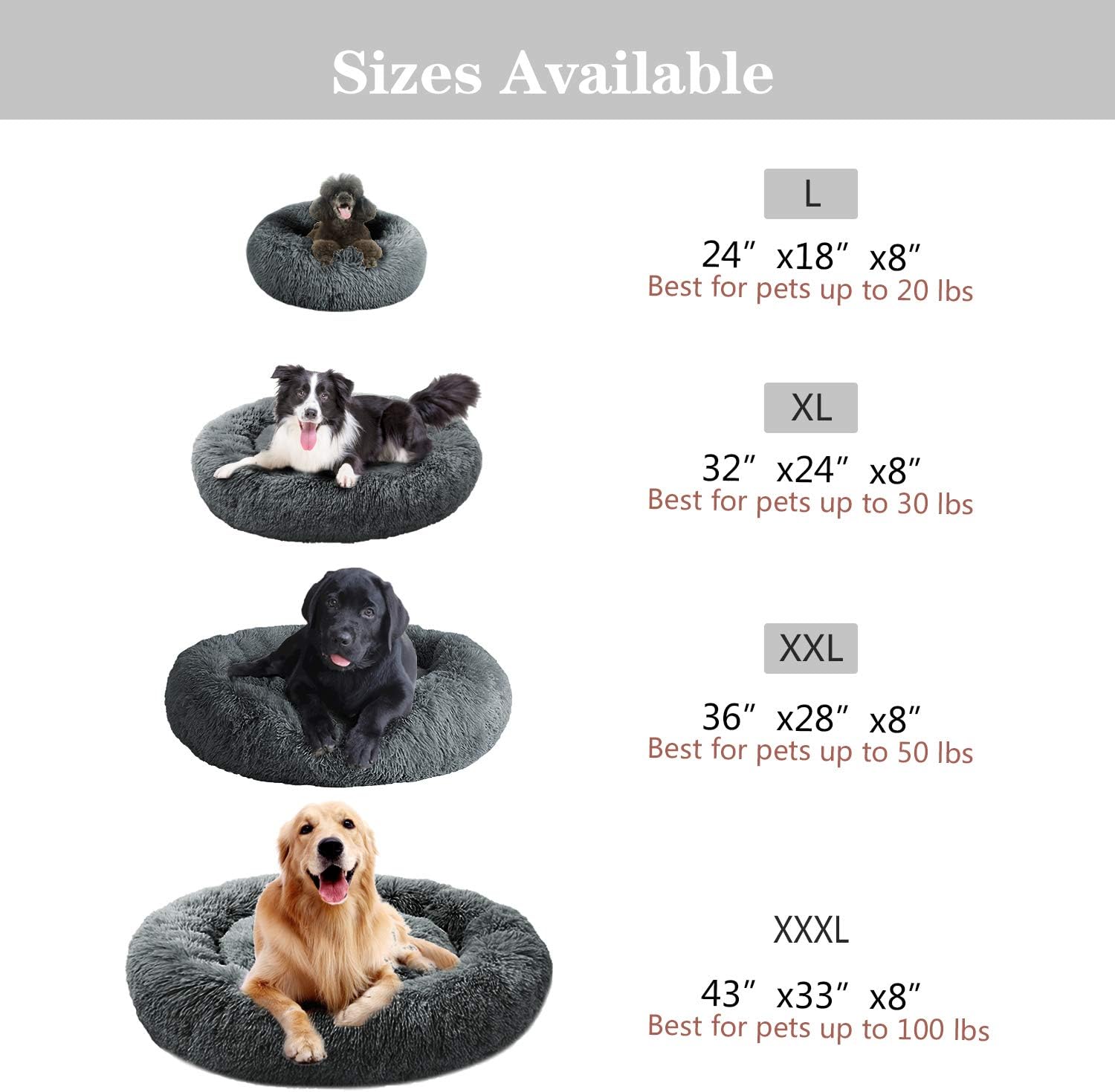 MFOX Calming Dog Bed (L/XL/XXL/XXXL) for Medium and Large Dogs Comfortable Pet Bed Faux Fur Donut Cuddler Up to 25/35/55/100lbs : Pet Supplies