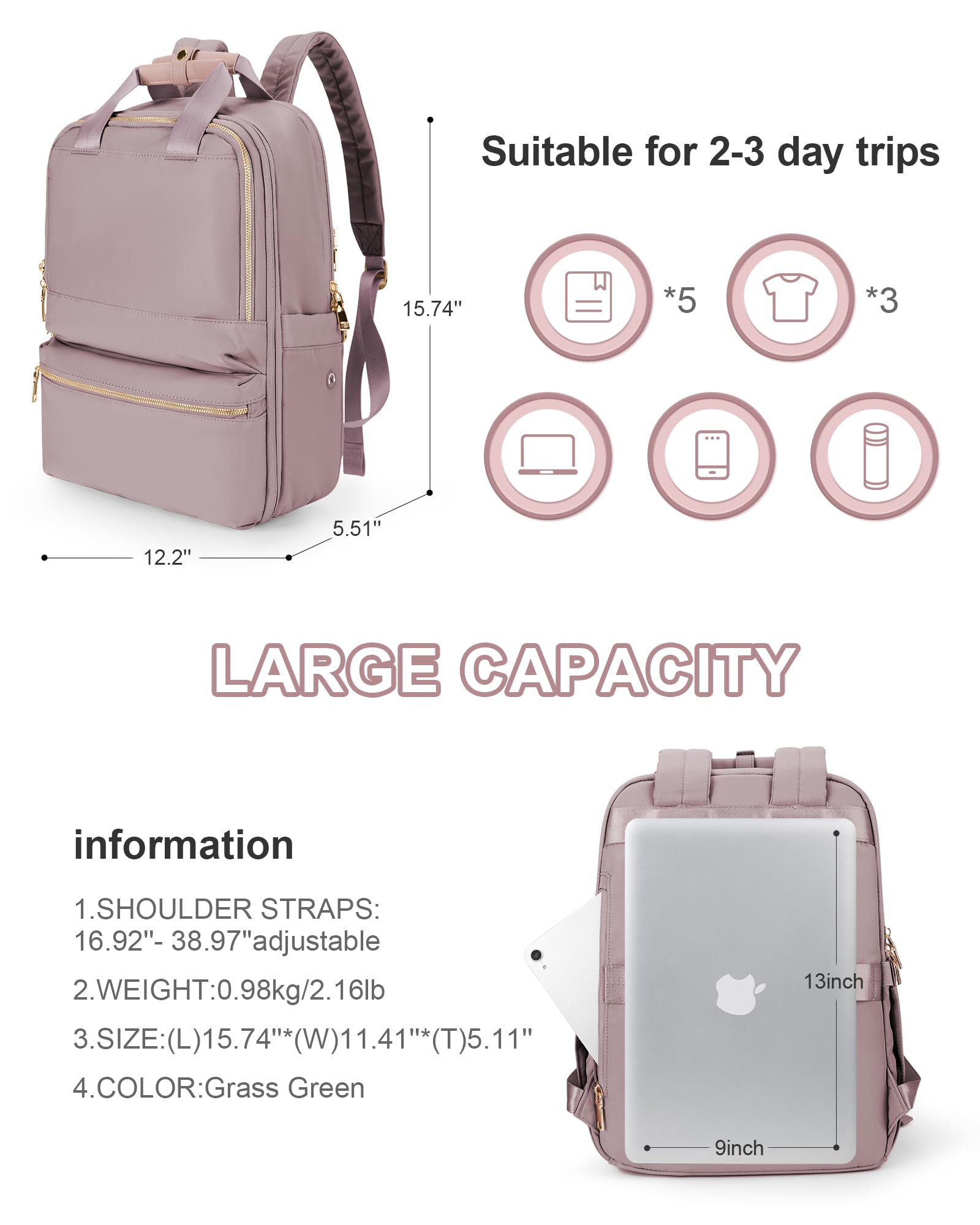 Bergsalz Zaino Donna Uomo Ryanair 40x20x25 Da Viaggio Sportivo Impermeabile Bagaglio a Mano Università Casual Per Laptop Da 14 Pollici Rosa Viola