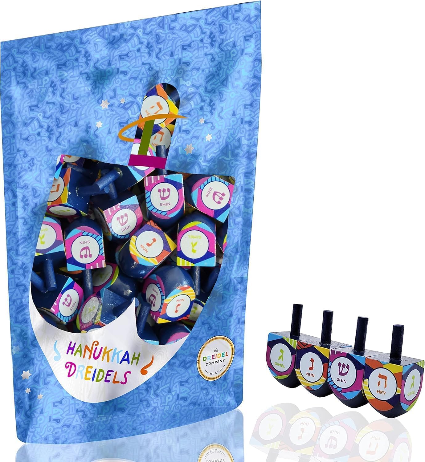 The Dreidel Company 100 Multi Colored Hand Painted Wooden Dreidels, The Hanukkah Game Includes 3 Dreidel Game Instructions, Let's Play Dreidel (100-Pack)