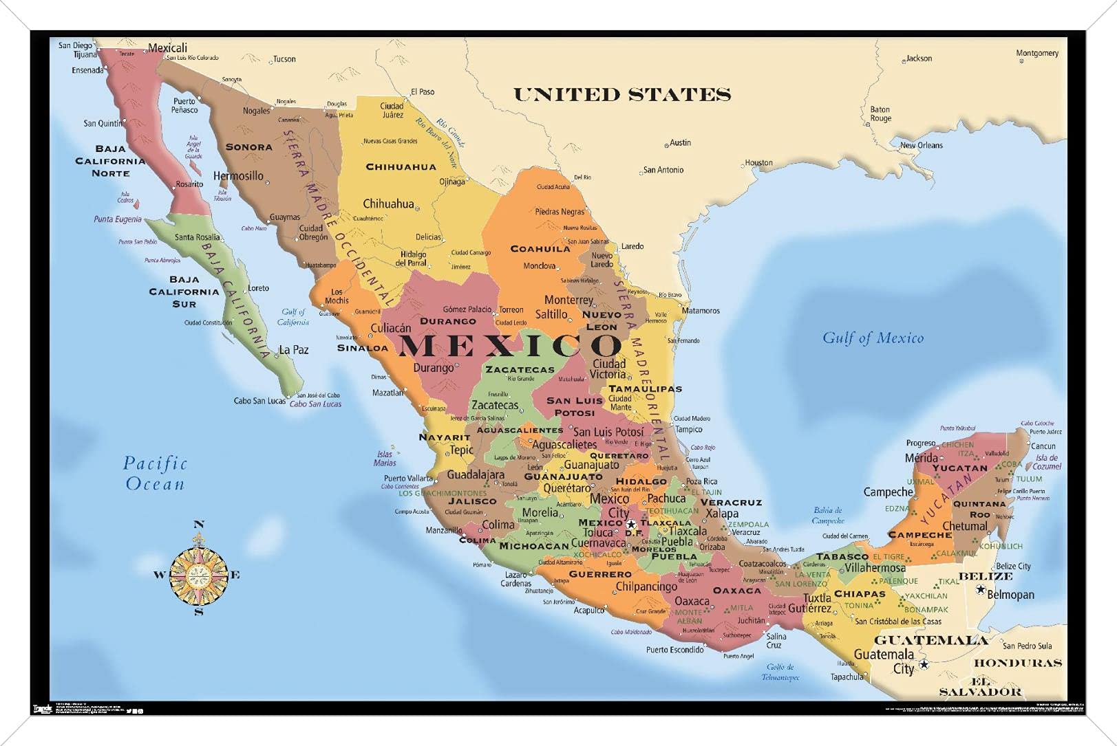 Trends International Map - Mexico Wall Poster, 22.375" x 34", White Framed Version