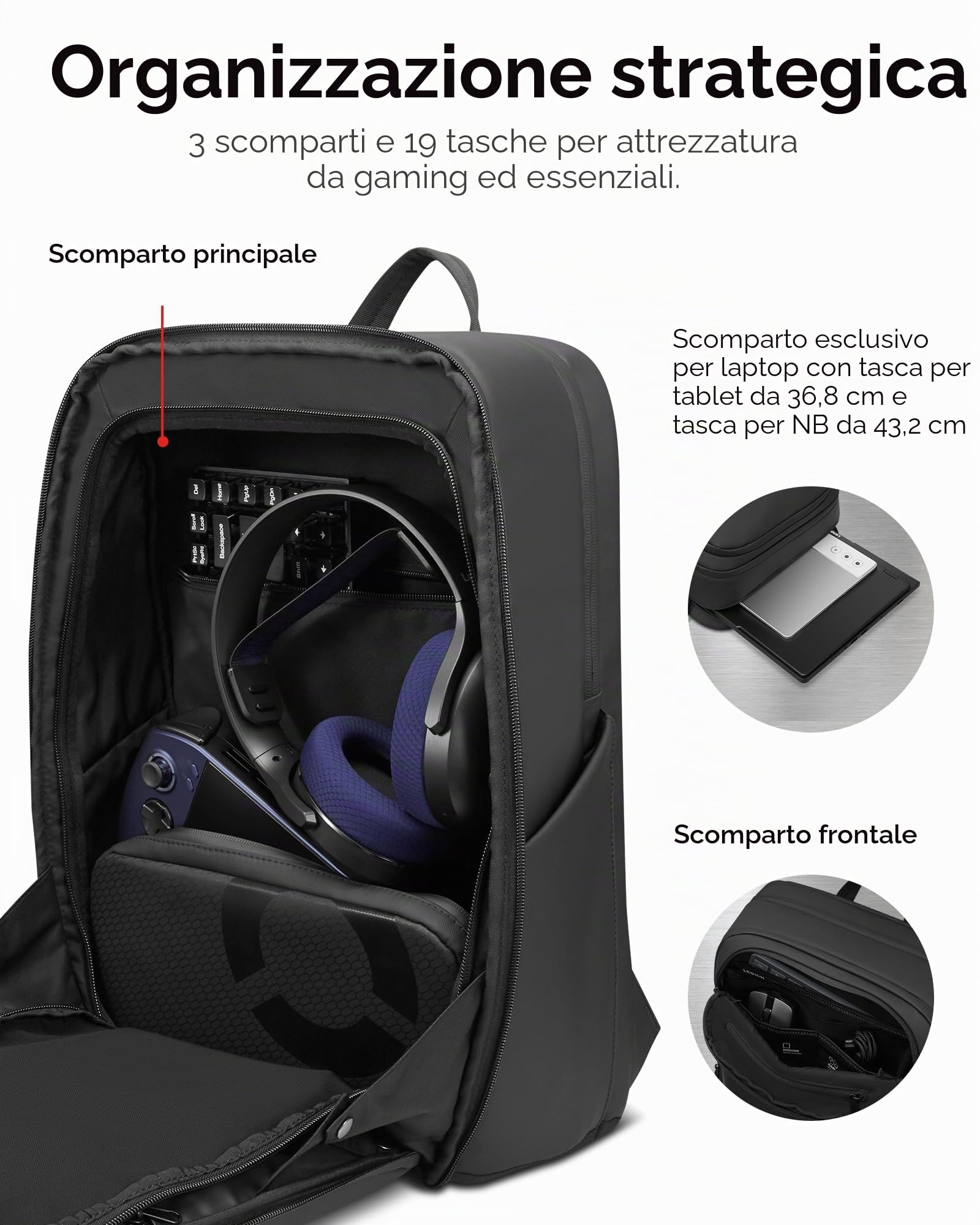 Lenovo - Zaino Gaming Legion 17" GB800 (impermeabile, capacità fino a 21 litri, apertura a 180°, tasche per computer, tablet, bottiglie d'acqua, cinghie ergonomiche) - Colore nero