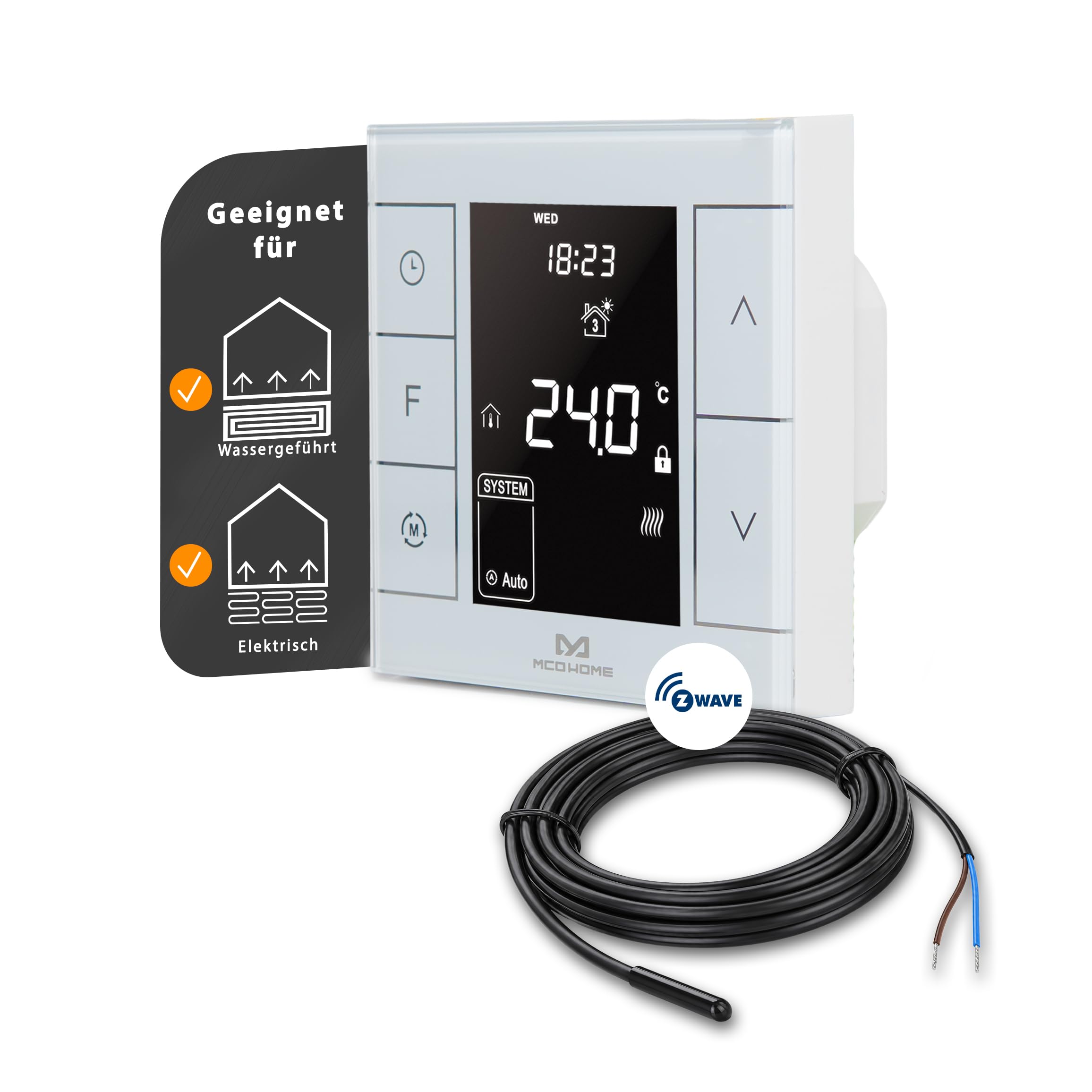 MCO Home Z-Wave Raumthermostat MH7H-EH für Fußbodenheizung & Infrarot-Heizung/Z-Wave Smarthome kompatibel weiß