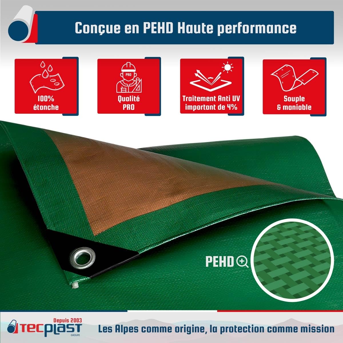 TECPLAST Bâche Toiture 5x8 m HQ250TO Verte et Marron - Haute Performance - Bâche d'étanchéité pour Couvreur et Charpentier