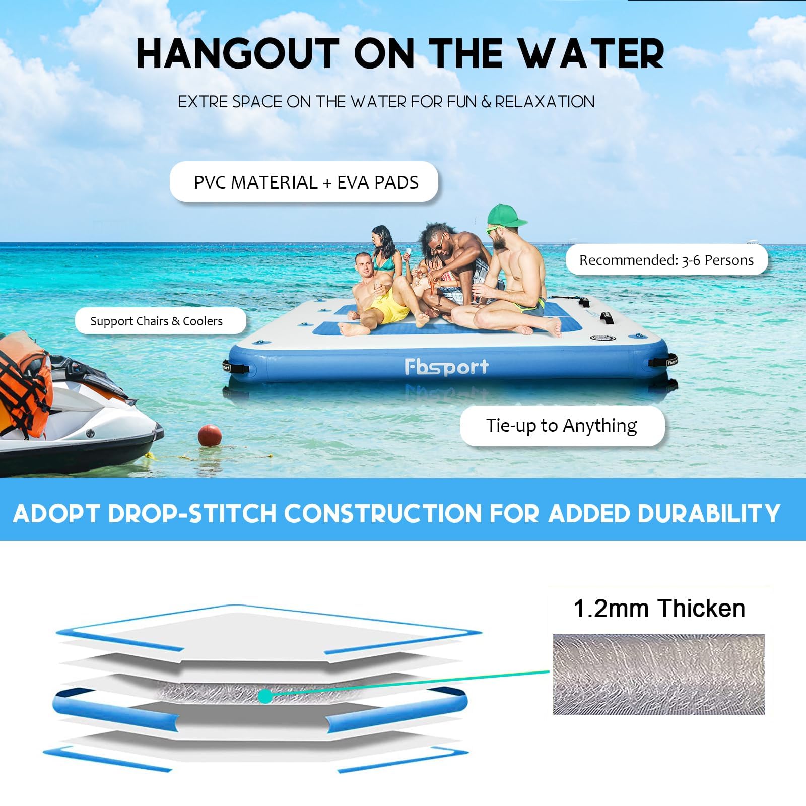 FBSPORT Plateforme Gonflable Flottante - Tapis d’Eau pour Plusieurs Personnes, Île Flottante avec Surface Antidérapante et Sac de Transport, Plateforme de Bain pour Mer, Piscine et Lac