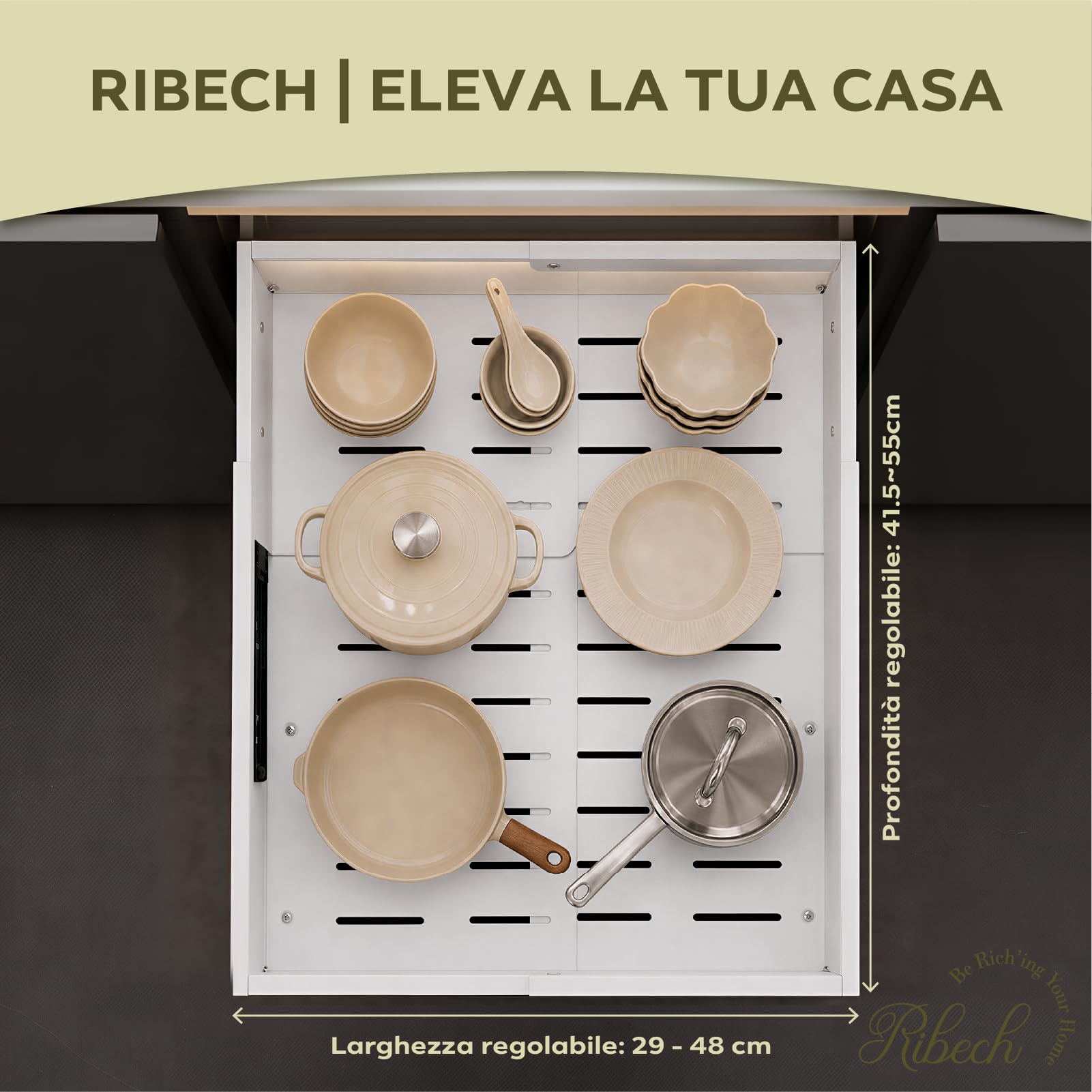 Cestello estraibile telescopico 4 direzioni per armadio cucina | Organizador de Armario con Tornillos/Adesivo, Larghezza regolabile 29-48 cm, Profondità 41,5-55 cm, Bianco