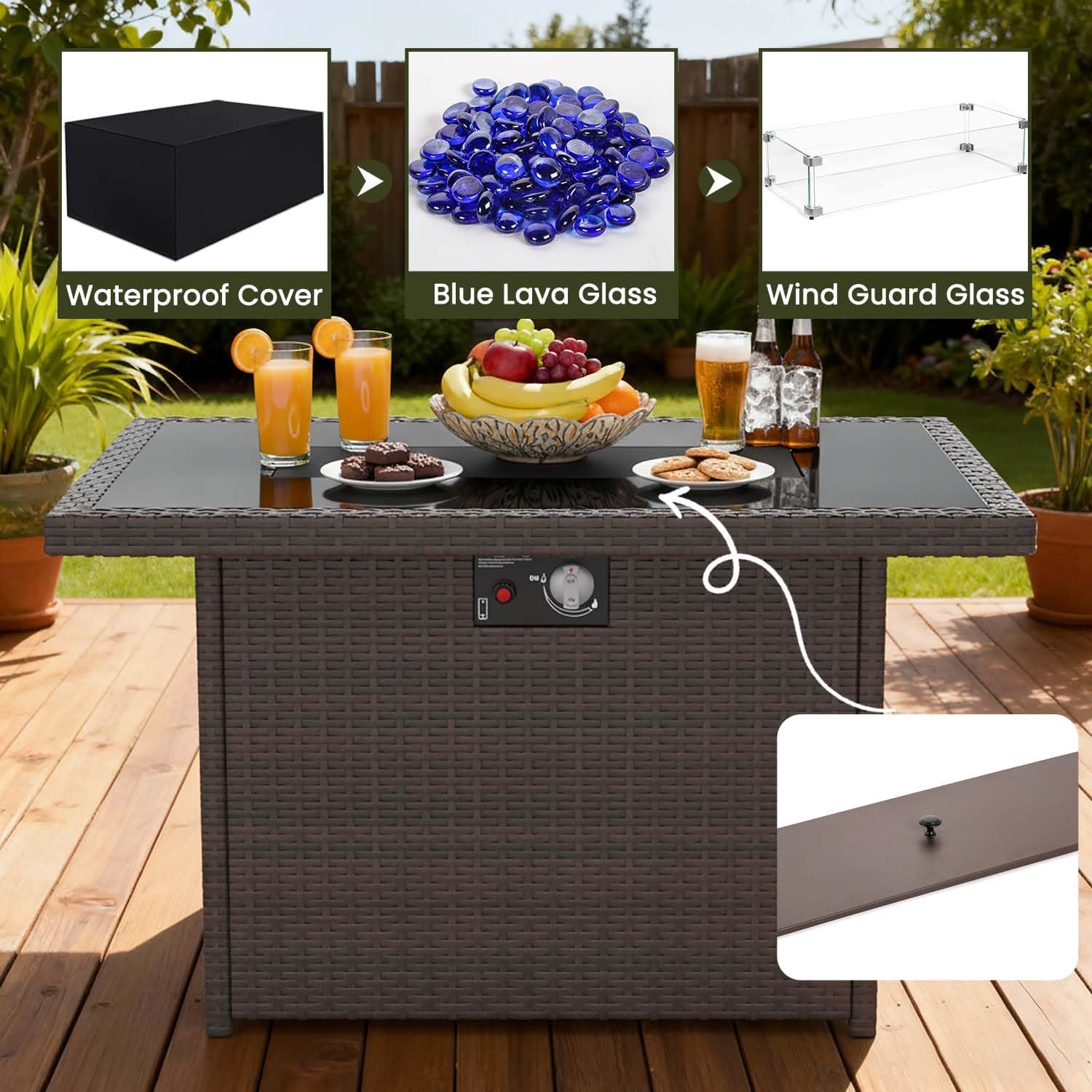 Propane Fire Pit Table, 44" Outdoor Gas Fire Pit with Glass Wind Guard & Waterproof Cover