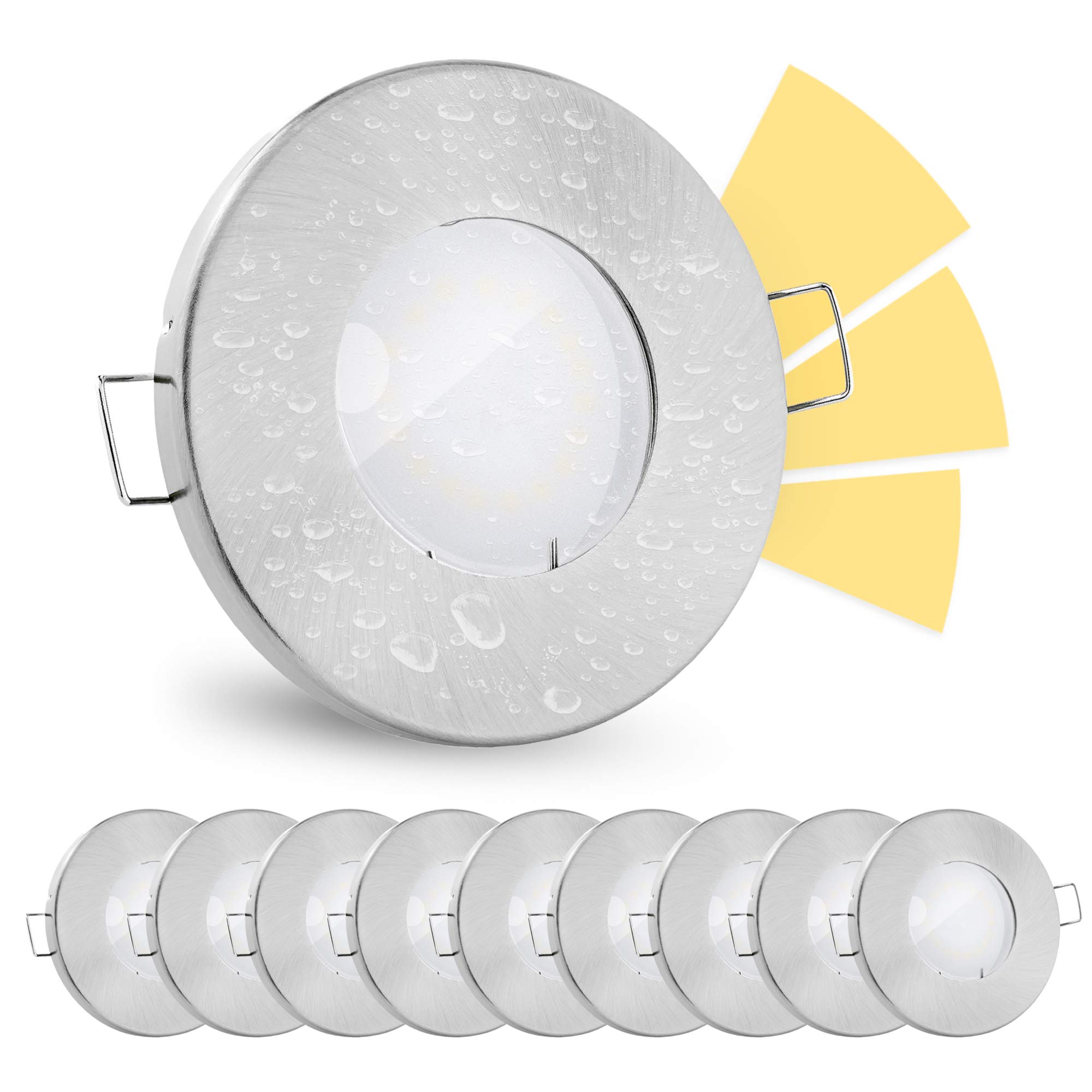 linovum 10 Stück fourSTEP Einbauleuchte LED Bad flach dimmen ohne Dimmer - LED GU10 5W warmweiß 230V - Spot IP65 gebürstet