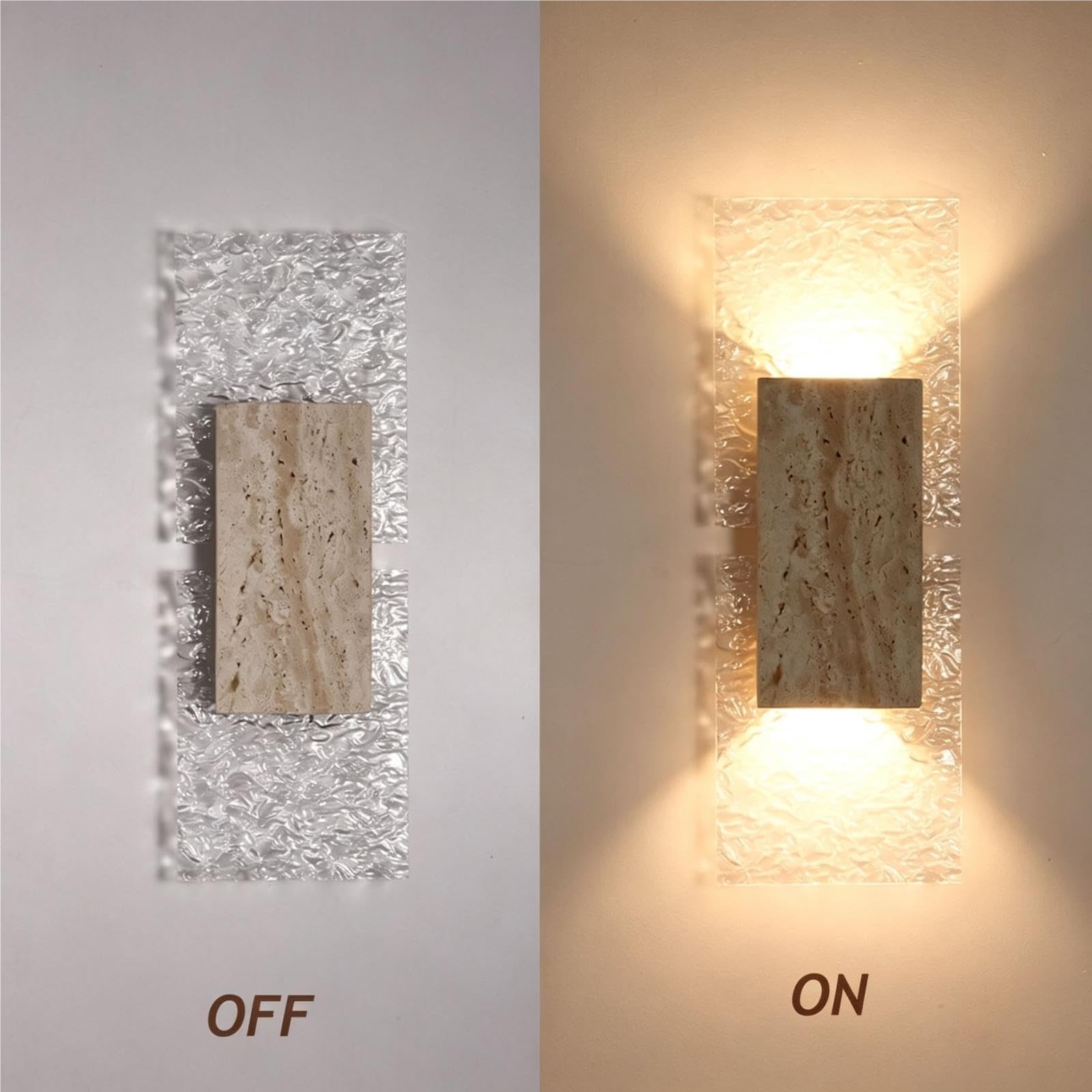 Sconce da parete in travertino e acrilico, lampada moderna verso l'alto