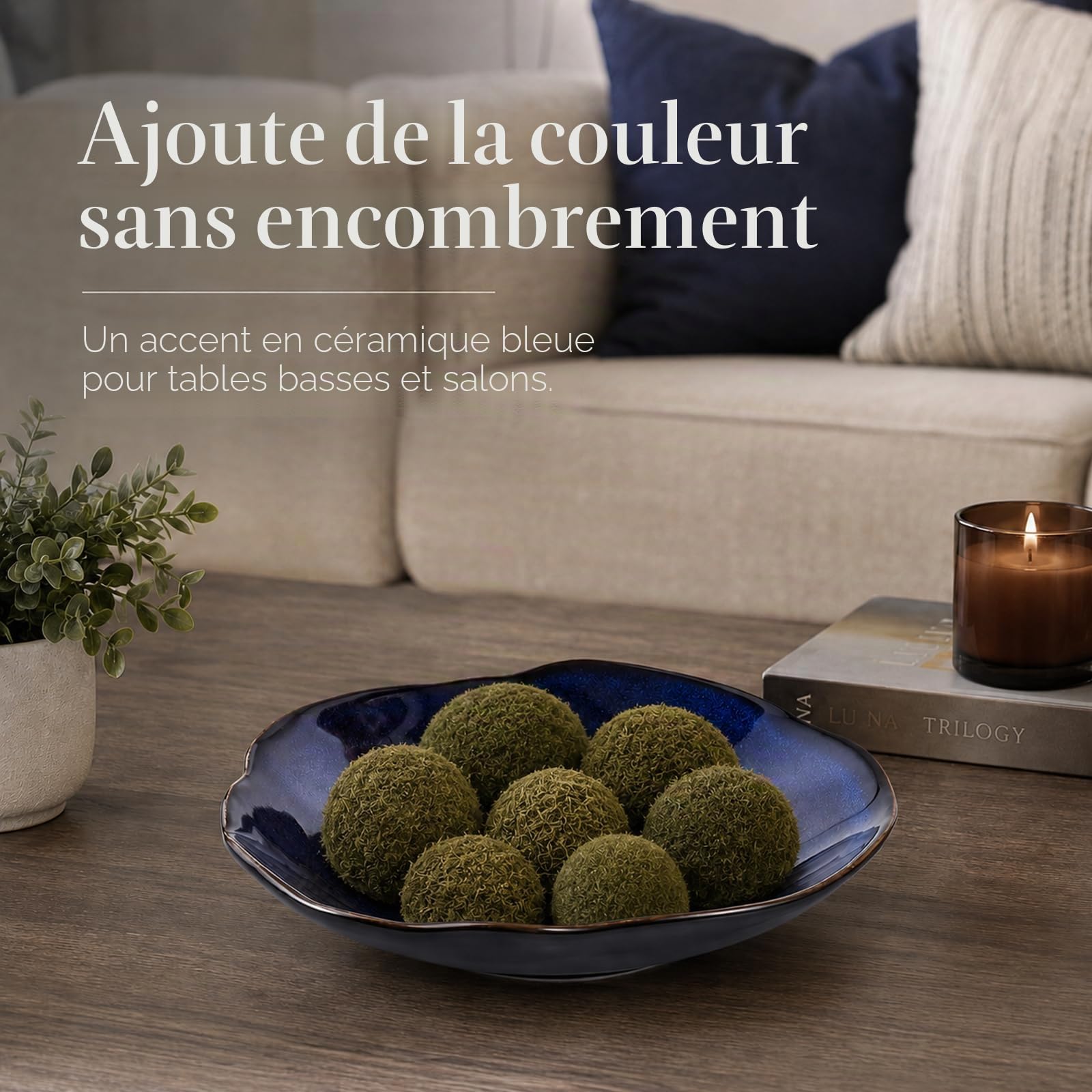 Bol décoratif en céramique bleu – Petit plat à bijoux de 26 cm, bol à fruits, à bonbons, bol à clés pour table d'entrée, plat à bijoux et bagues, plat fourre-tout en porcelaine pour cuisine, table de